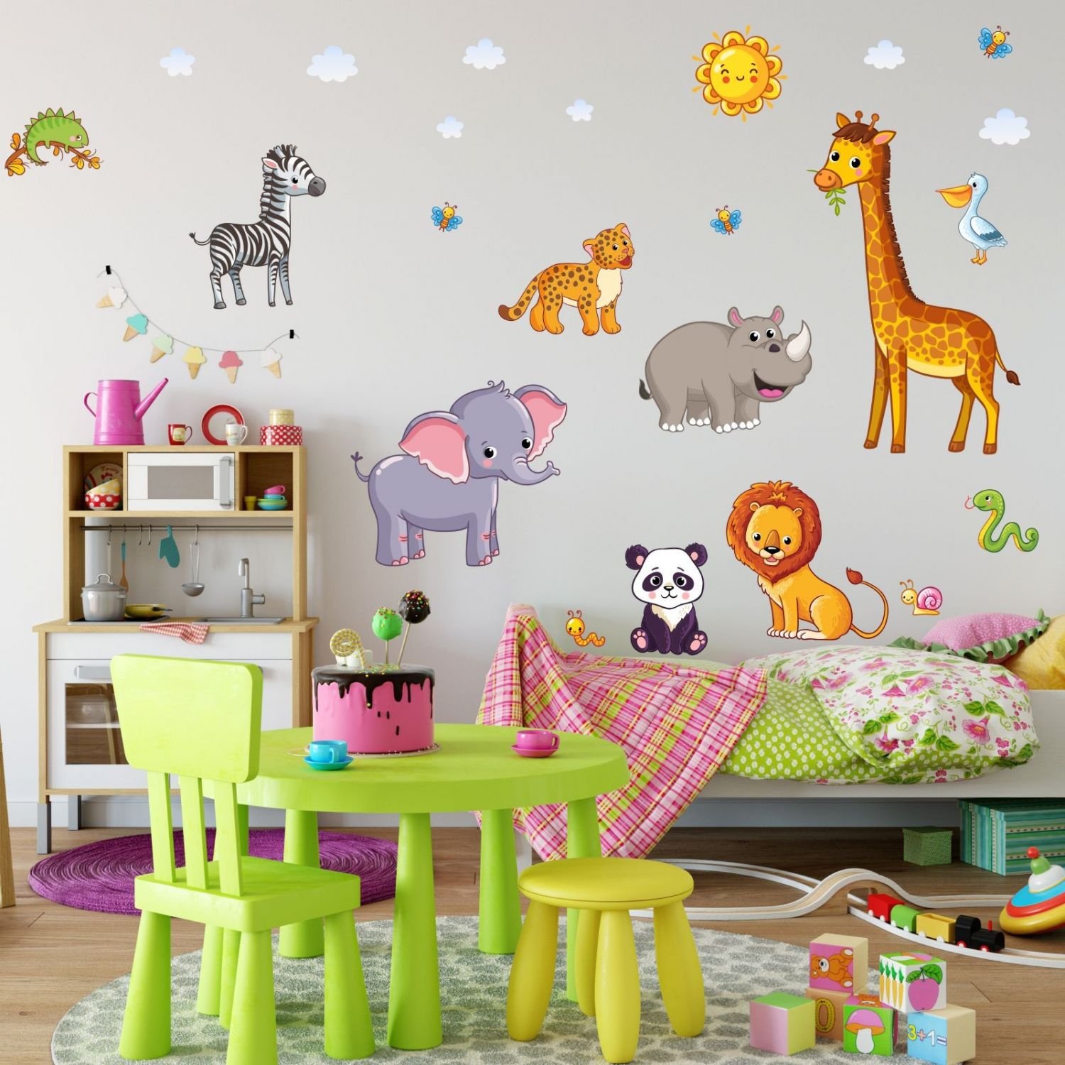 Nikima 080 - Adhesivo decorativo para pared de habitación infantil, diseño de elefante, león, jirafa, en 6 tamaños, para habitación infantil, pegatina y pegatinas, diseño de chica, tamaño 2000 x 1120