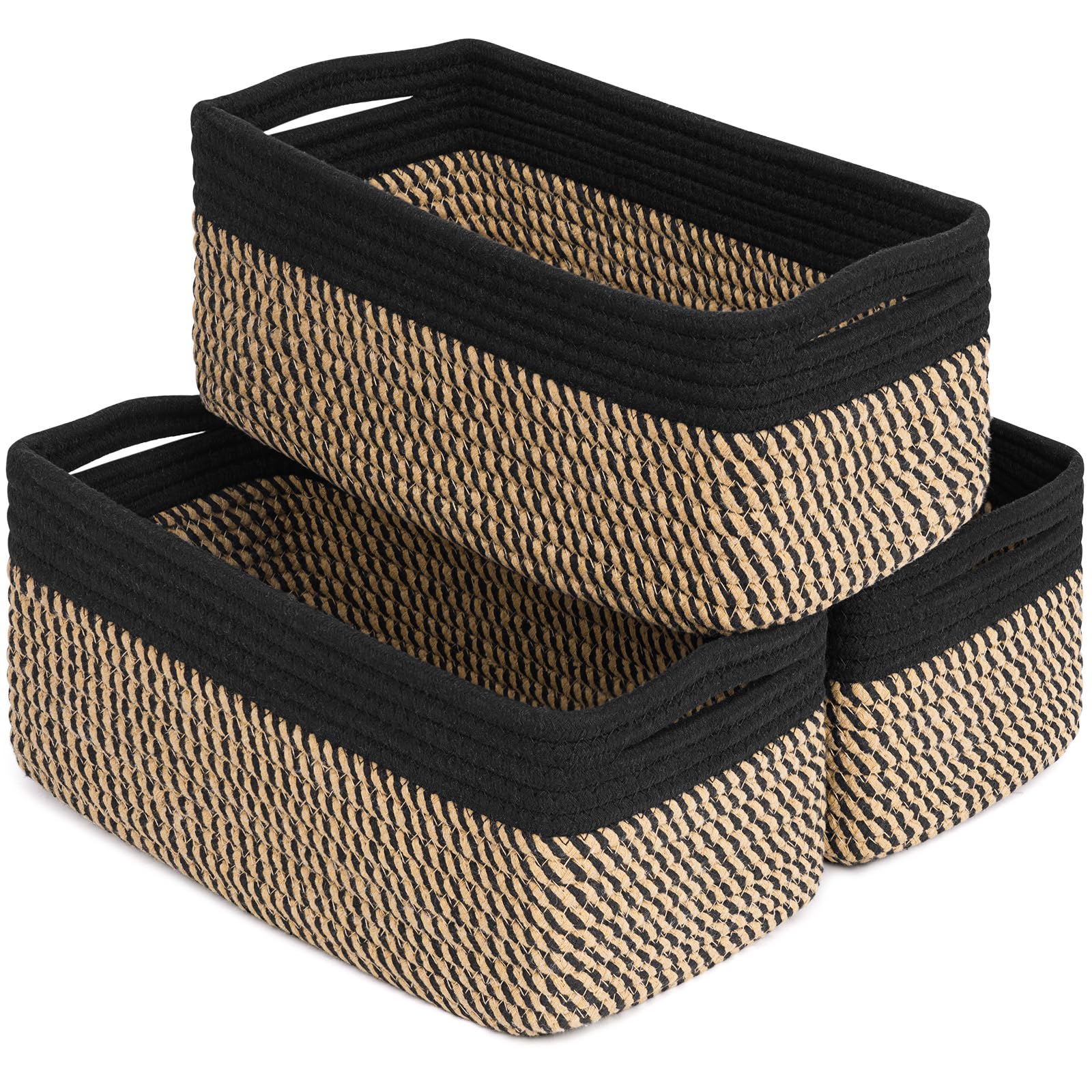 Timeyard Black & Jute 3 Pack Woven Rope Storage Basket Closet Organiser Black Jute