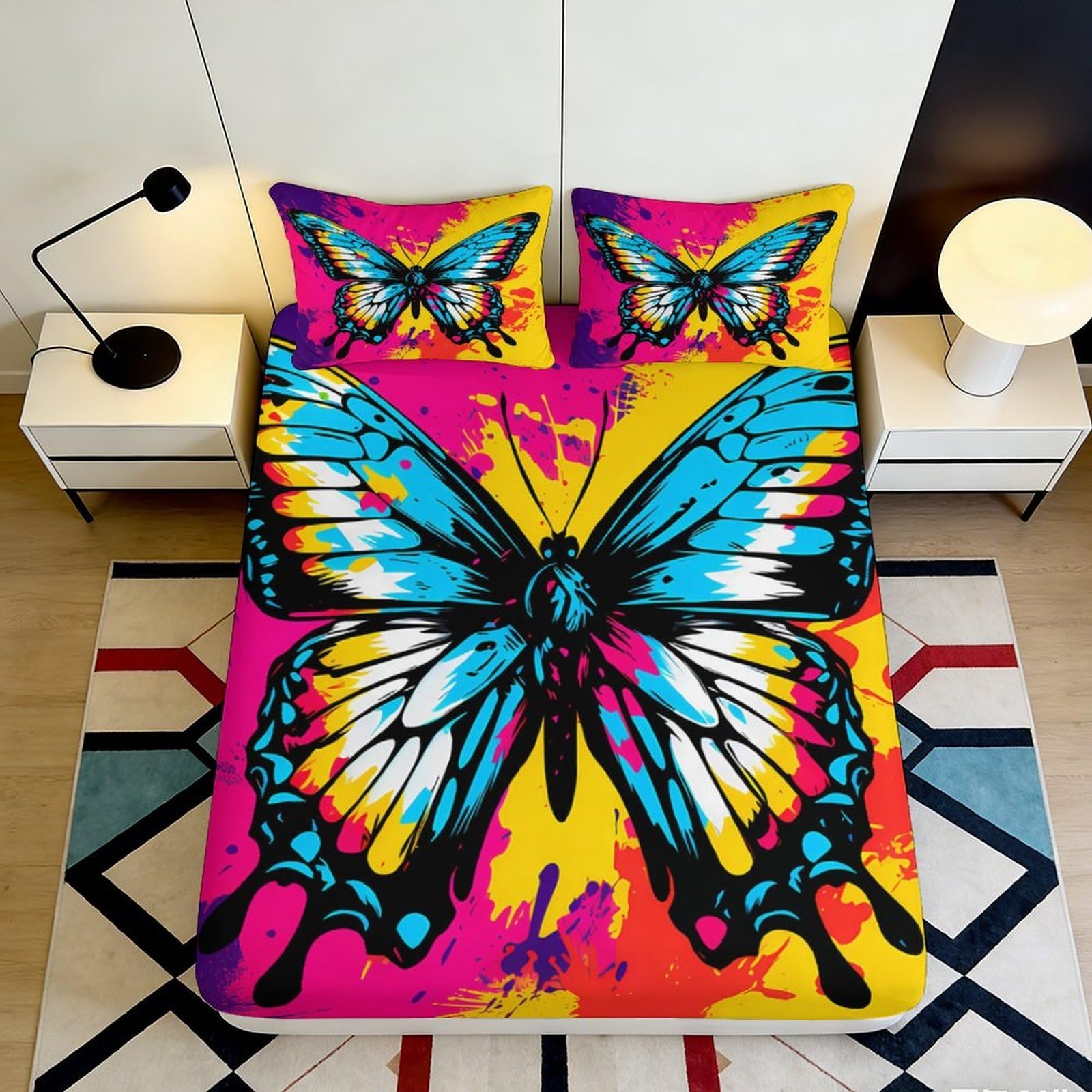 3D Printed Vibrant Butterfly Fitted Sheet Microfiber Soft Colorful Artistic Mattress Cover for Bedroom Dorm Decor 90x200x25cm