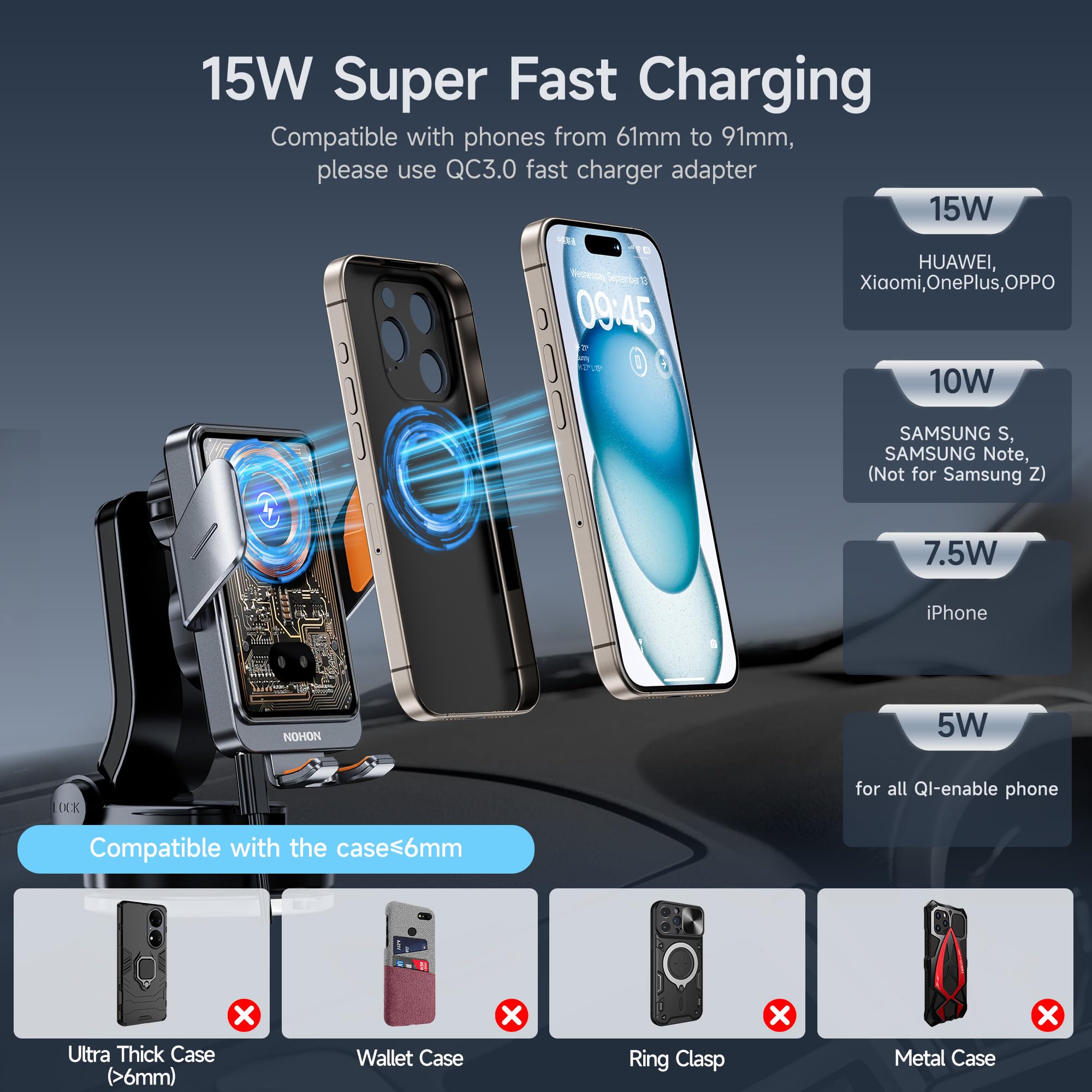 NOHON 15W Qi Caricatore Wireless Auto：Supporto Telefono Auto con Clip Ventosa per iPhone 17 16 15 14 13 12,Samsung,Xiaomi,360° Rotazione Auto-Bloccaggio Porta Cellulare Ricarica Wireless Auto