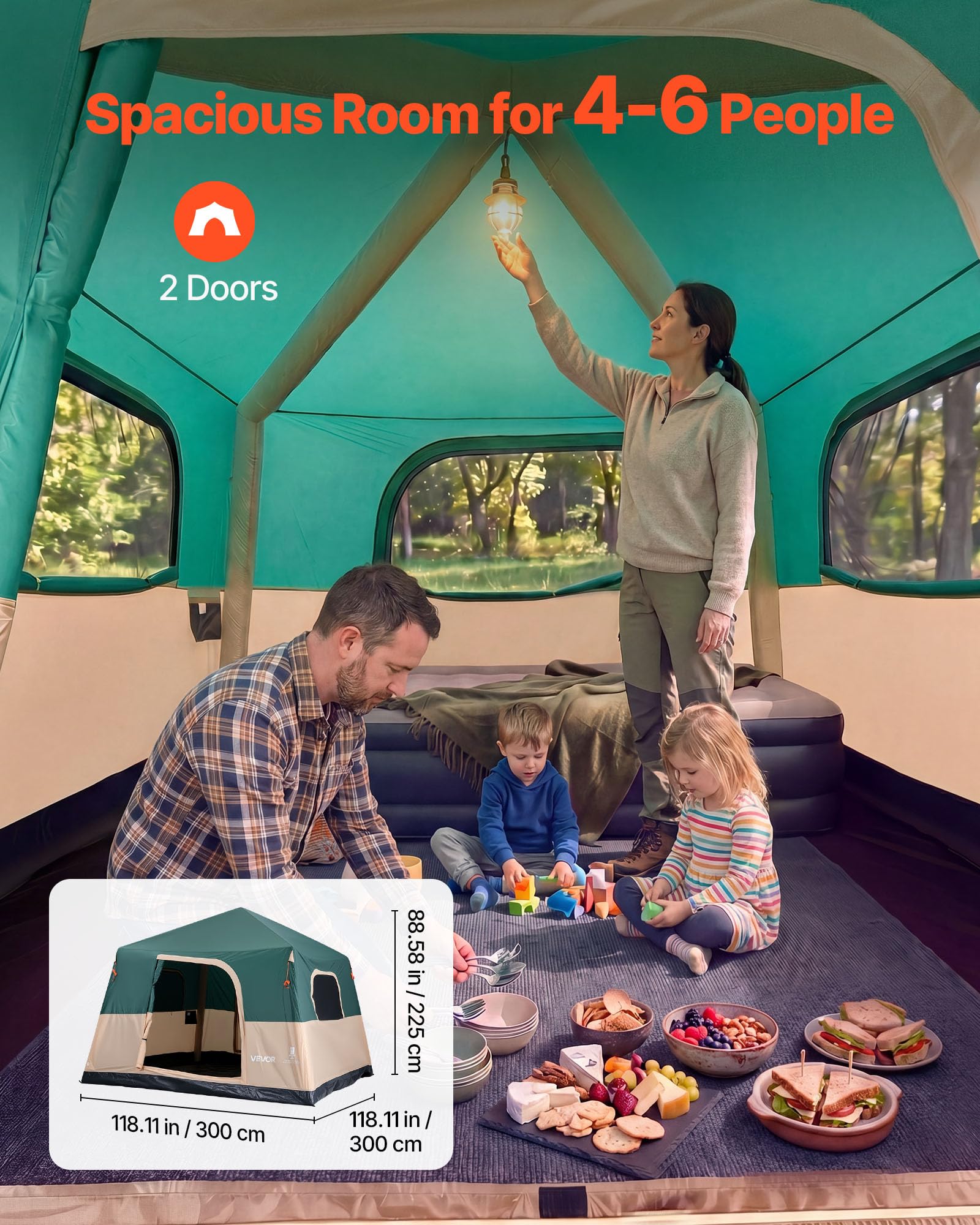 VEVOR Campingzelt 6 Personen, Aufblasbares Familienzelt mit Wiederaufladbarer Pumpe, TPU-Luftschlauch & 4 Netzfenstern, Kabinenzelt mit Tragetasche für Familien-Camping & Wandern, Grün