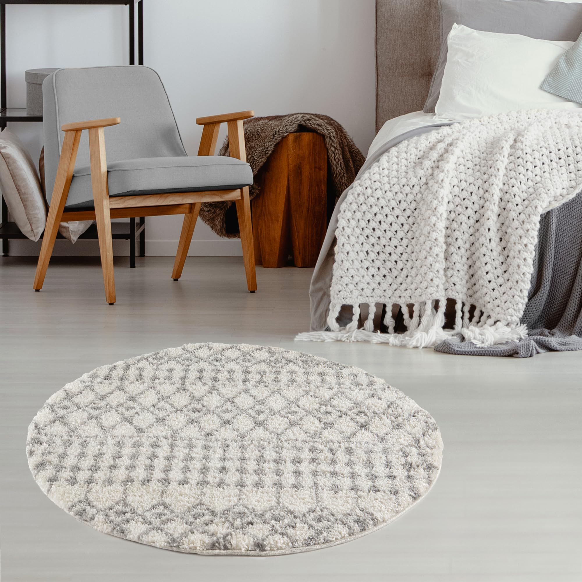 THE RUGS Modern Moroccan Design Living Room and Bedroom Rugs, Non-Shedding & Easy Care (Moroccan Ivory/Grey, 120 cm Round)