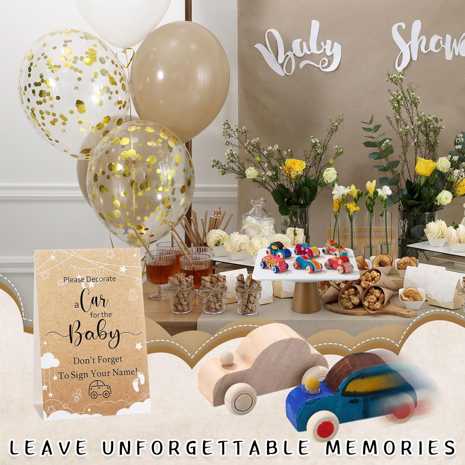 WinnerWhy Baby Shower Game Sign Kit Includes 32 Unfinished Wooden Car Blocks, 12 Markers, and a Prize Decoration Sign for Baby Shower(Kraft)