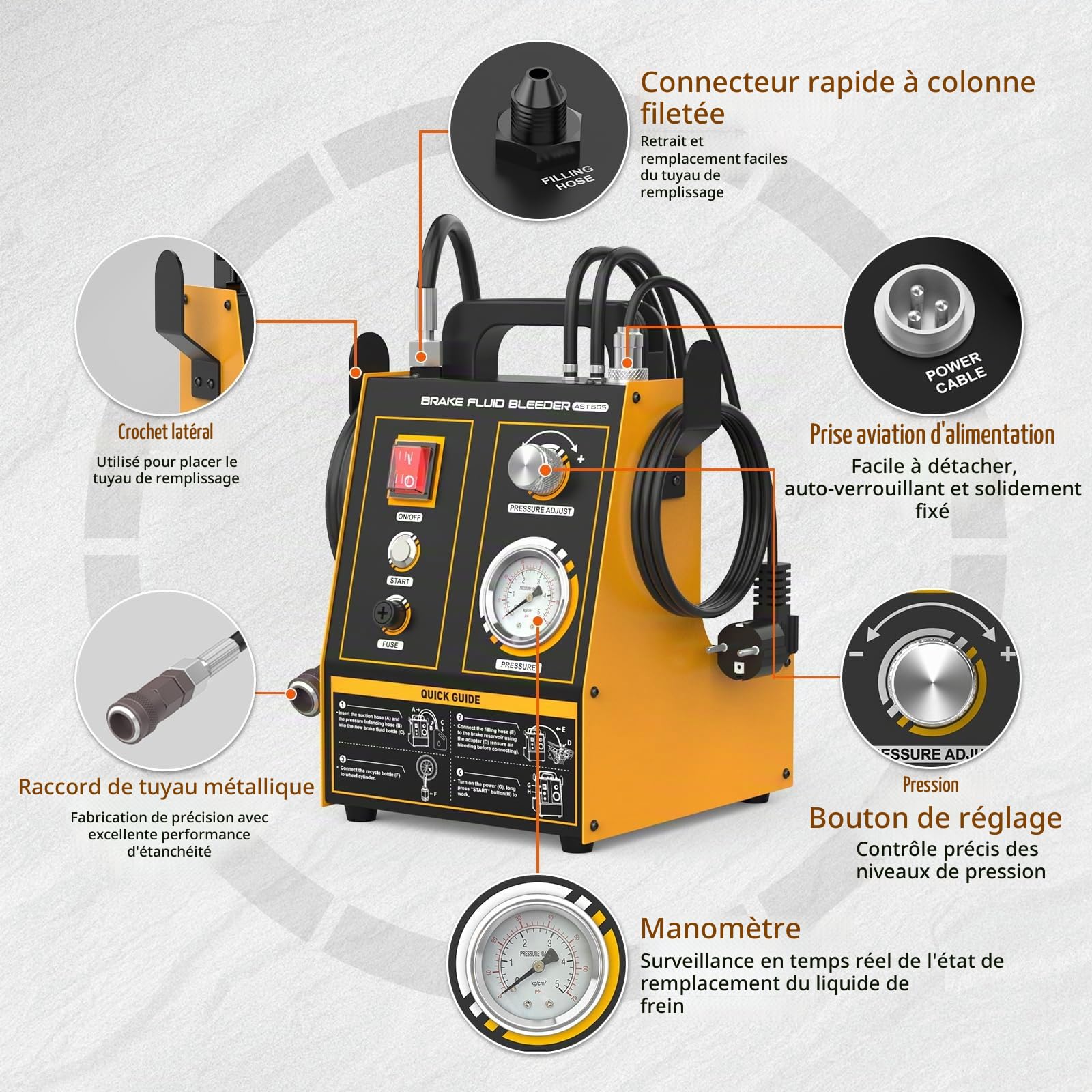 AST605 Purgeur de frein pour voiture, 220 V, automatique, avec 20 adaptateurs de 0,7 à 2,5 bar, pression réglable, dispositif de changement de liquide de frein