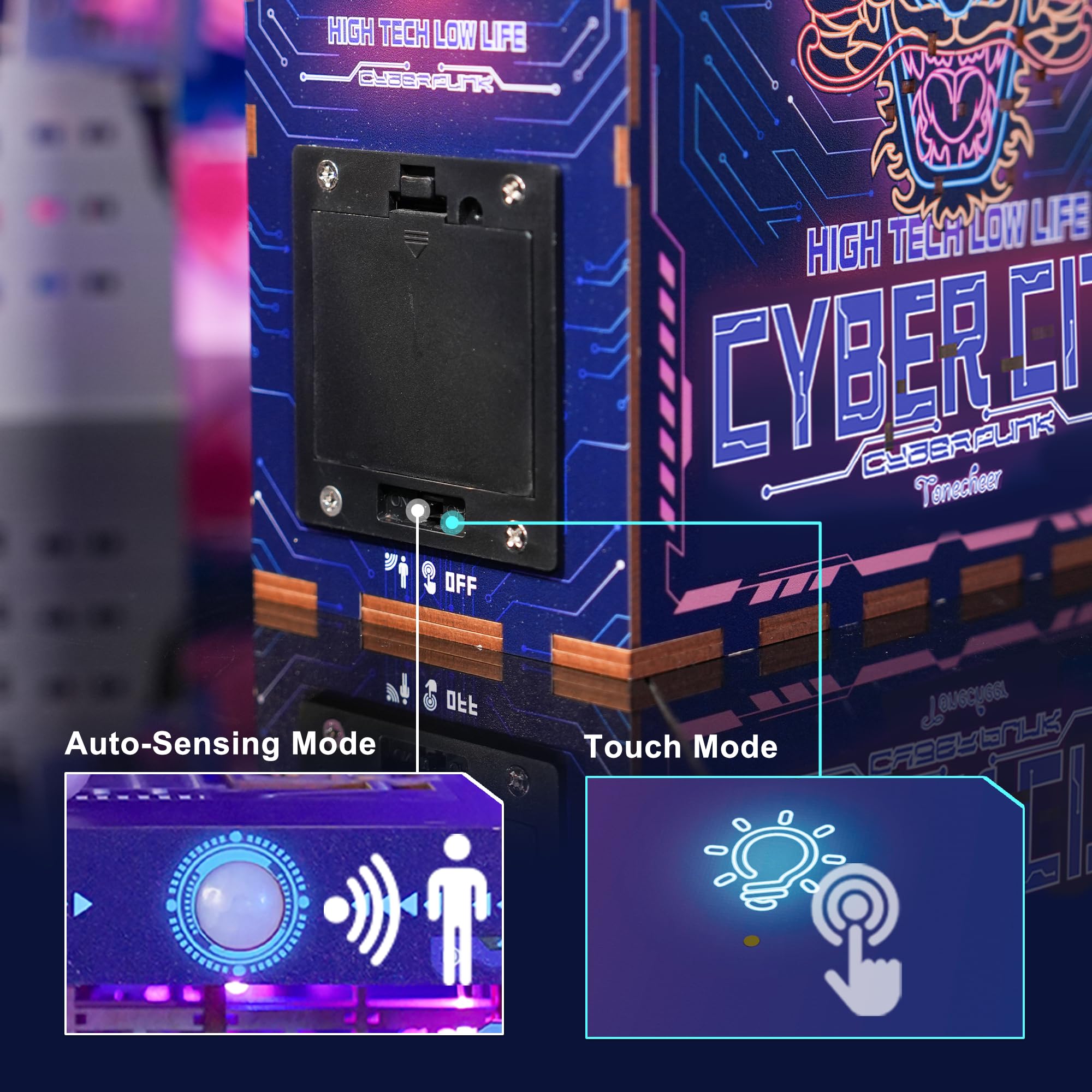 Tonecheer DIY Book Nook Kit for Adults, 3D Puzzle Wooden Miniature House Kit, Booknook Dollhouse Bookshelf Insert Decor Bookend with Dust Cover and LED Lights Gifts (): Cyber City