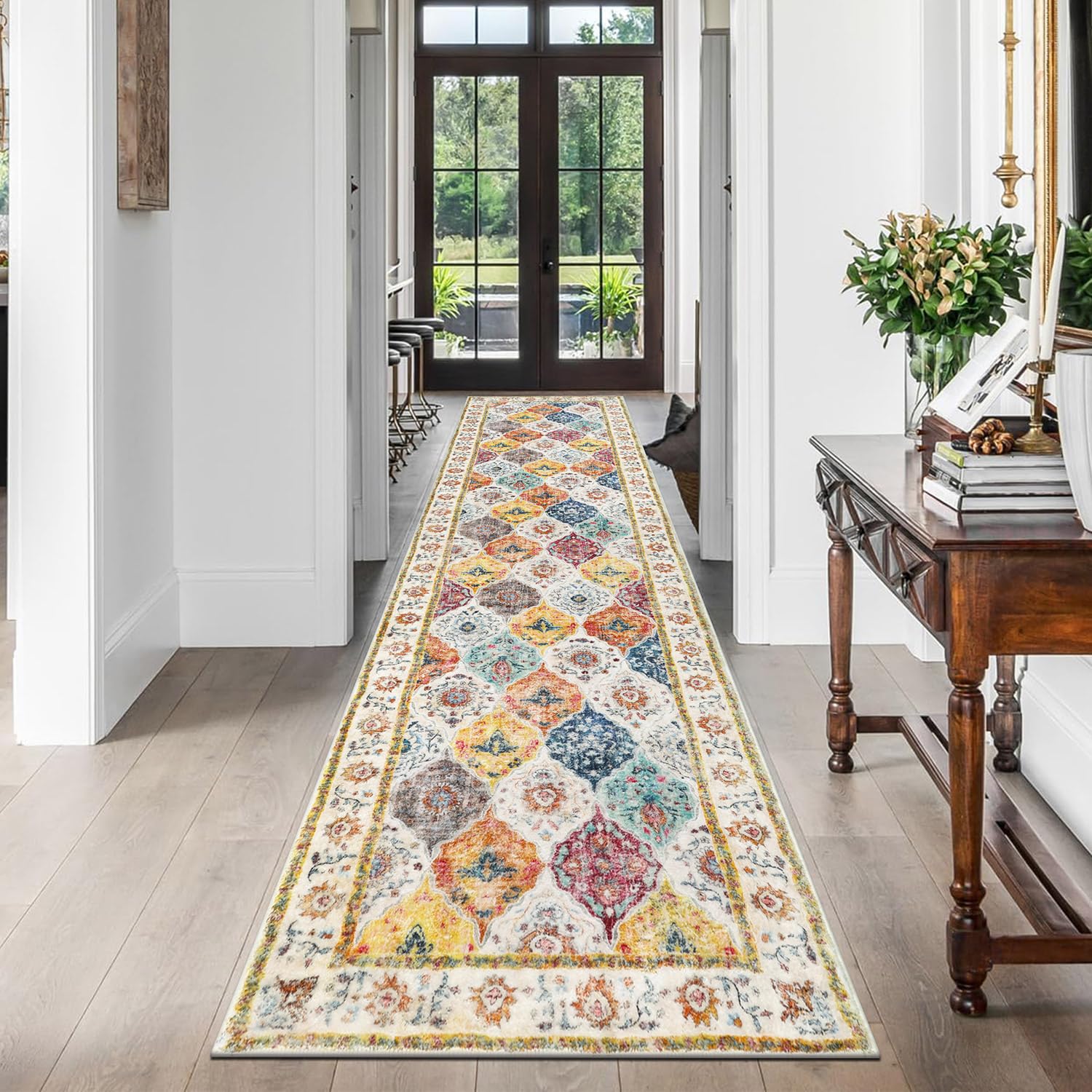 SHACOS Alfombra de Pasillo Larga 60x240cm Alfombra Corredor Antideslizante Estilo Bohemio Alfombras de Área Lavable Suave Geométrica para Pasillo, Salon, Dormitorio, Cocina, Lavandería