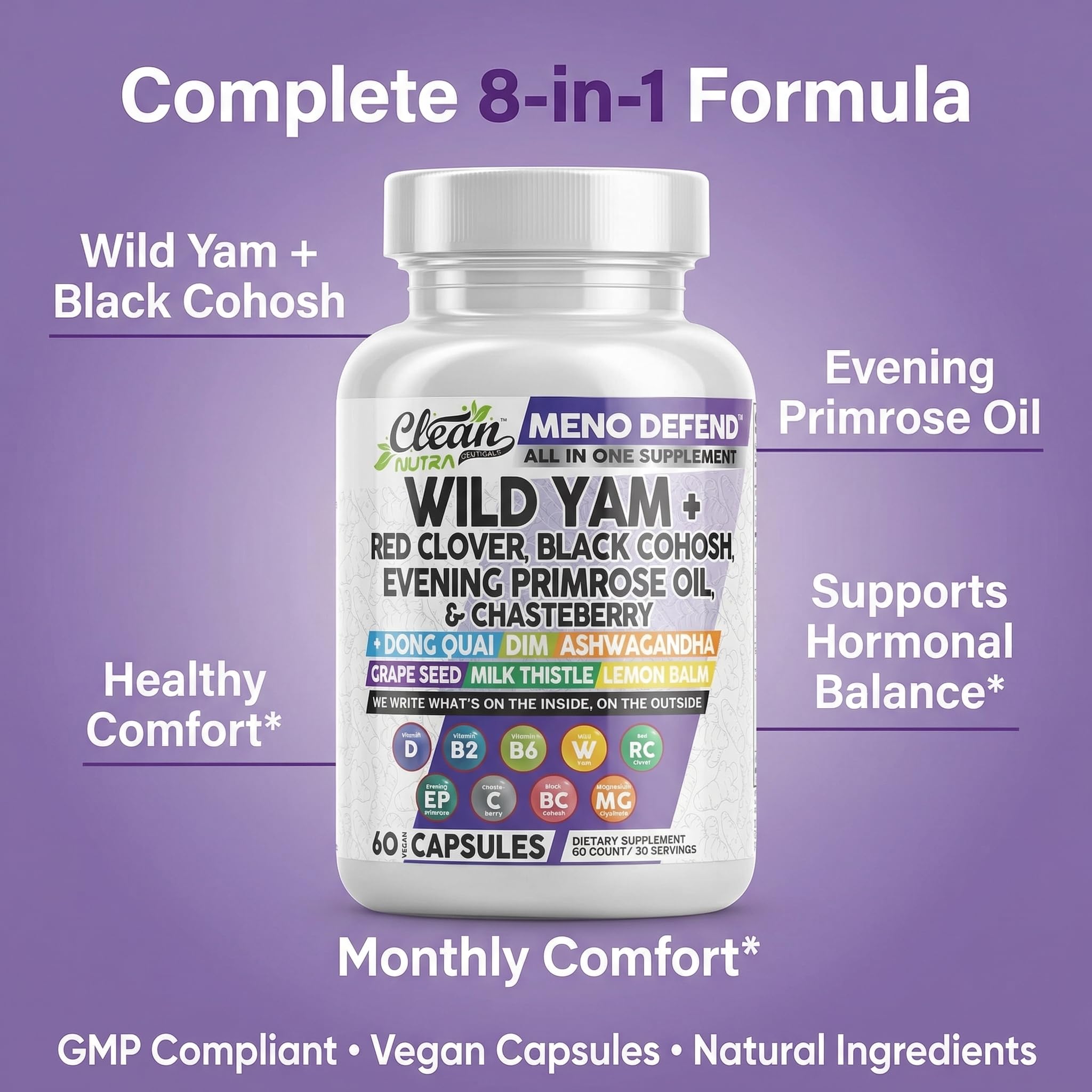Clean Nutra Wild Yam Root Capsules with Red Clover Black Cohosh Evening Primrose Oil Chasteberry Dong Quai DIM Ashwagandha Grape Seed Extract Milk Thistle Lemon Balm and more Hormone Balance For Women — Amazon image 8