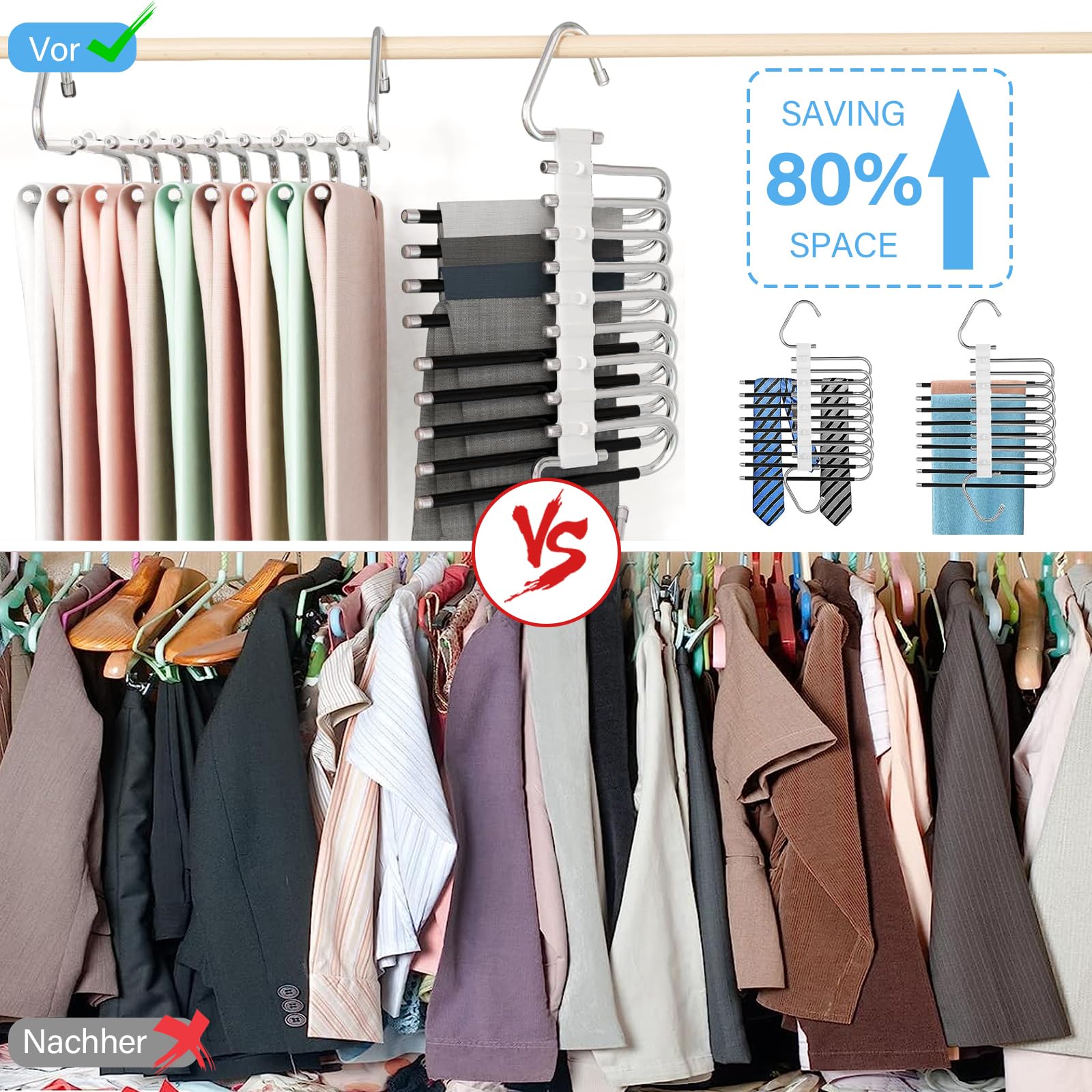 Ronronner Ceintre Pantalon, 9 en 1 Ceintre pour Pantalons, Cintre Pantalon, Cintre Pantalon Gain de Place, Porte Pantalonpliable Multifonctionnel pour éCharpes, Jeans, VêTements, Serviettes