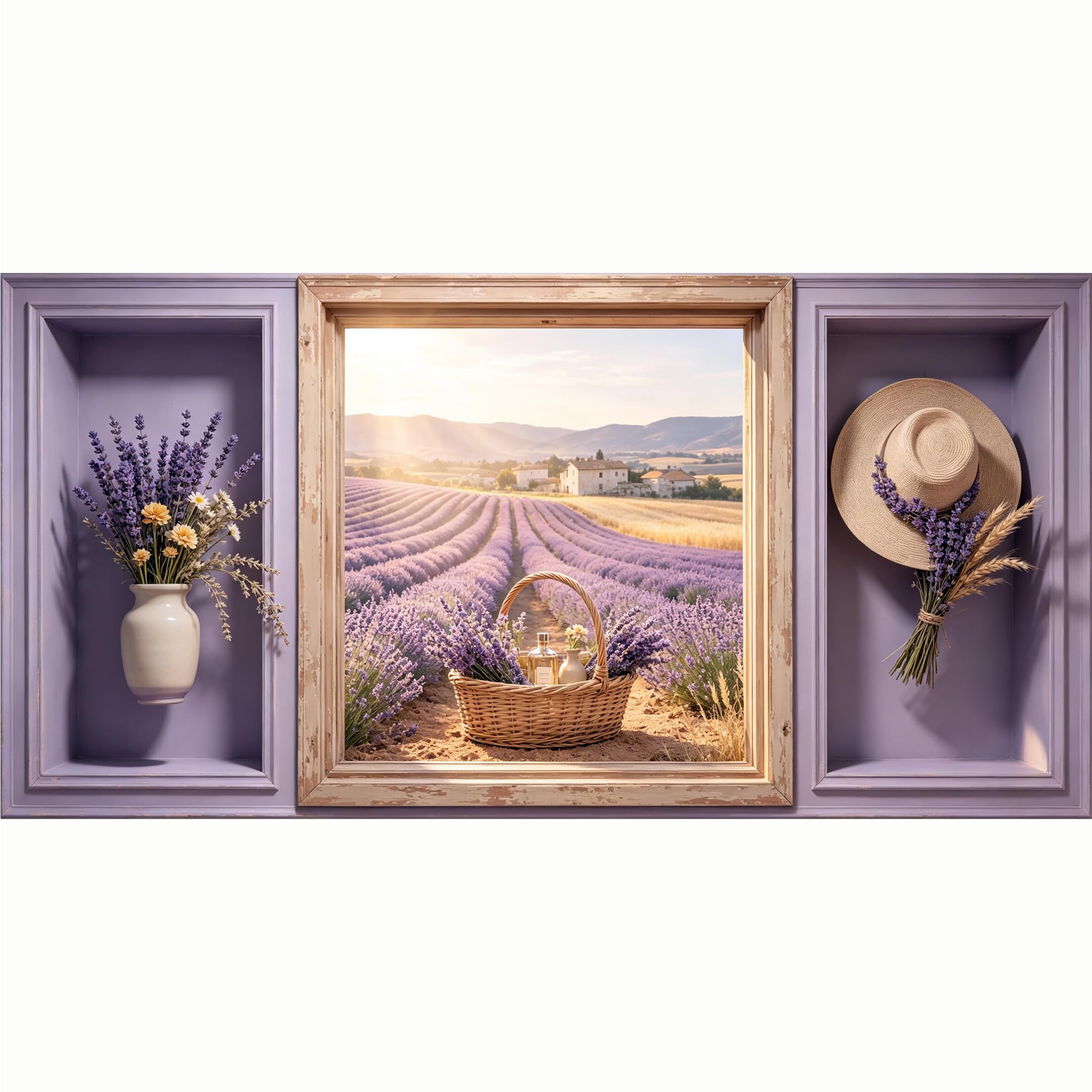 QZLITHOTIC 50x100cm 3D Framed Wall Art， Provence Lavender Field Landscape Basket Self‑Adhesive Mural， Water‑Activated Peel & Stick Fabric Decor Wall Decal for Bedroom Living Room