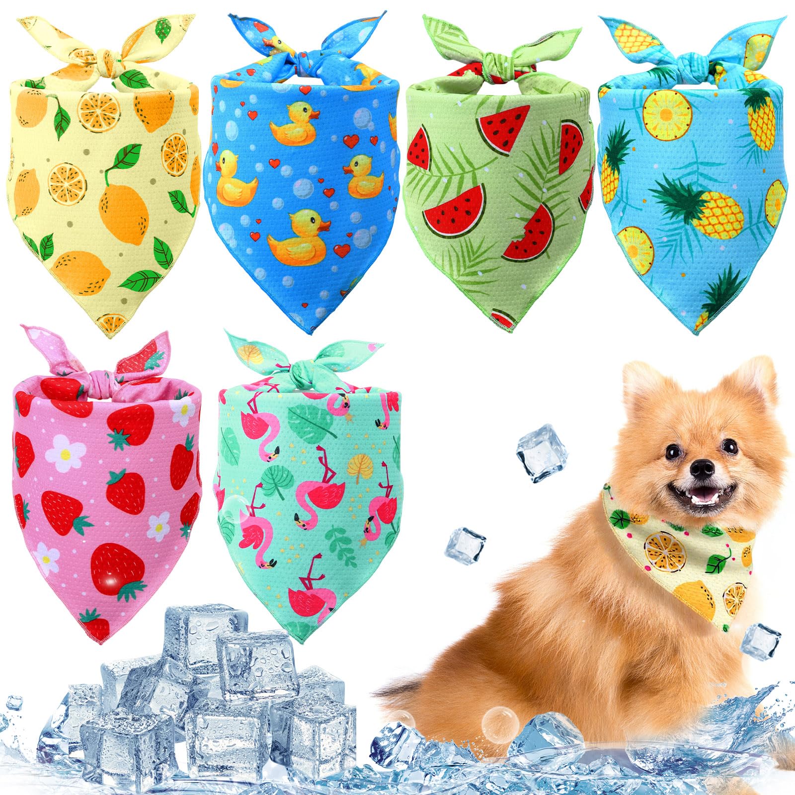 Abbylike 6 Pack Dog Cooling Bandana Summer Triangle Scarfs Bibs with Cute Fruit Pattern Instant Cooling Neck Wraps Breathable Scarf Pet Dog Neck