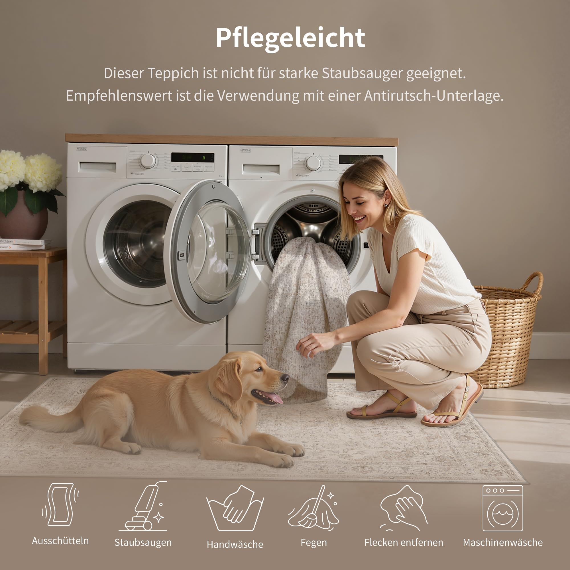 PureCozy Teppich Wohnzimmer 200x300cm Waschbarer Vintage Beige Tepich for Schlafzimmer kurzflor rutschfest Weich Böhmischen Groß Retro Carpet für Küchen Esszimmer Bedroom Büro Living Room