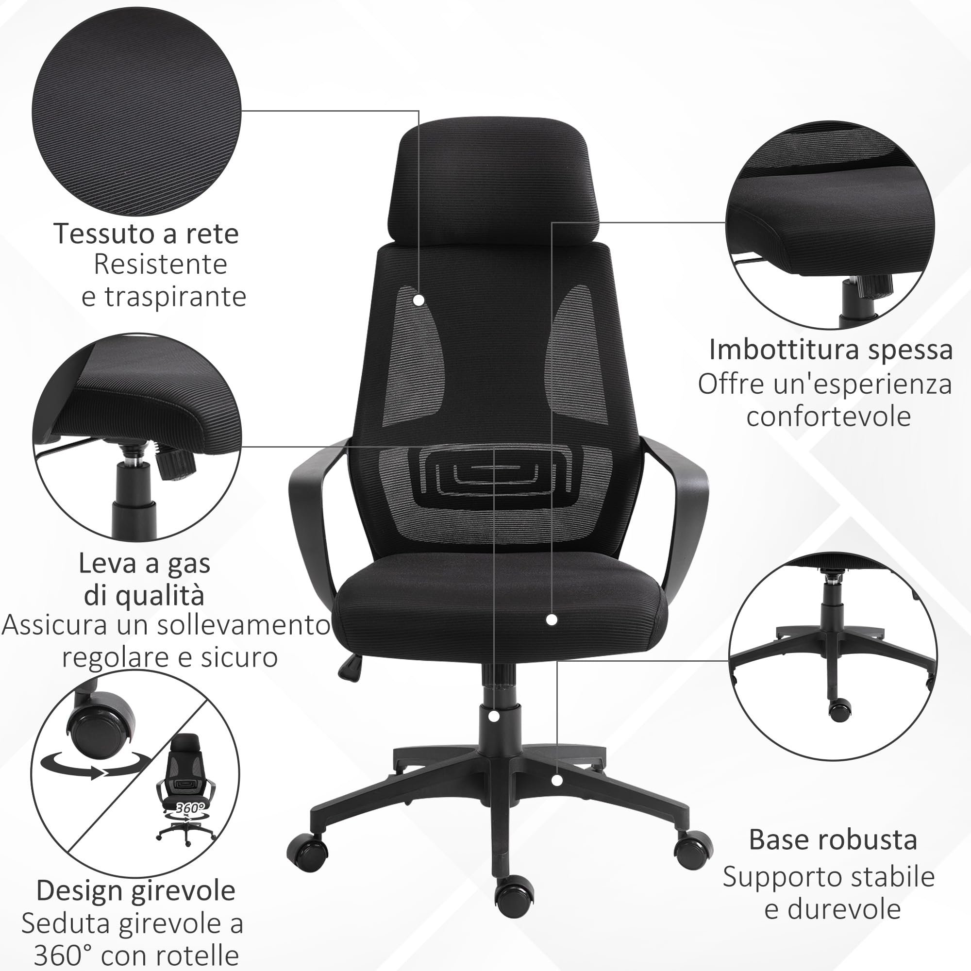 Vinsetto Sedia da Ufficio Ergonomica con Poggiatesta Regolabile Nero | Braccioli, Sedia Scrivania Girevole, Supporto Lombare, Altezza Regolabile, Funzione Dondolo, Tessuto, per Studio