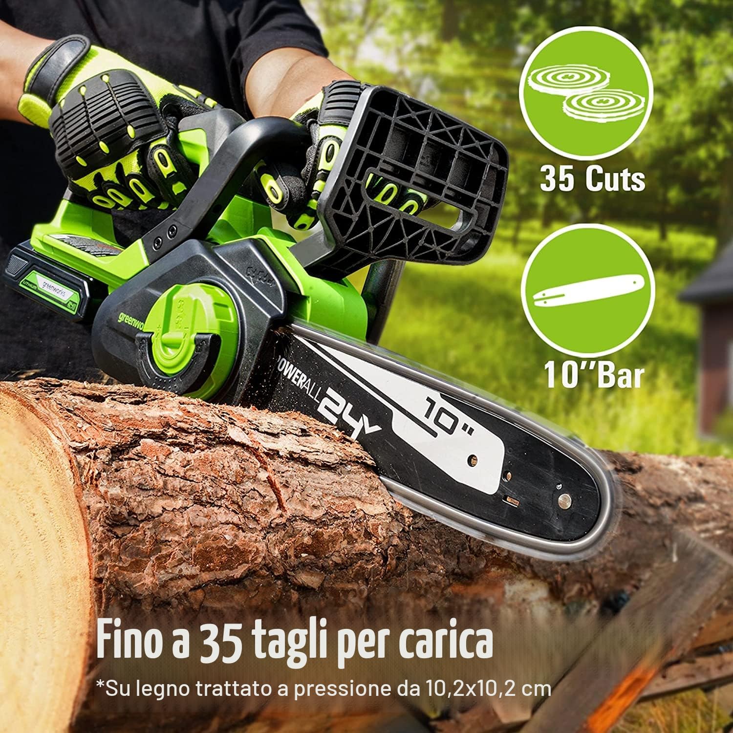 Greenworks 24V 25cm Motosega Elettrica a Batteria con Batteria da 2 Ah e Caricabatteria, Velocità Catena 4,3 m/s, Lubrificazione Automatica, Kit Motosega con Protezione Anti-Contraccolpo