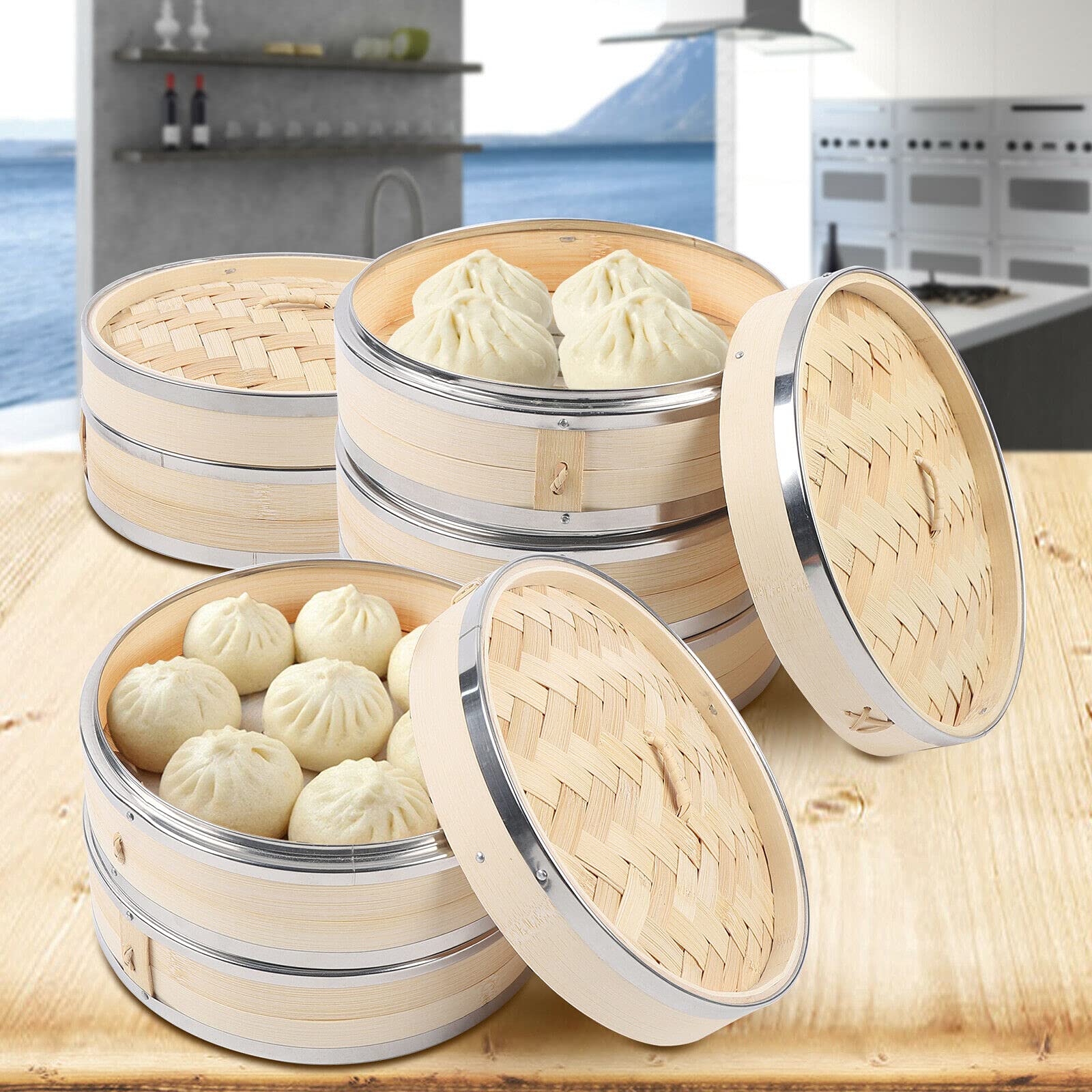 Amazon.de: Dampfgarer Bambus 21cm Bambusdmpfer Dampfkorb fr Reis Dim Sum  Gemse Fisch und Fleisch Dumpling Maker (3 Steamer + 1 Deckel)