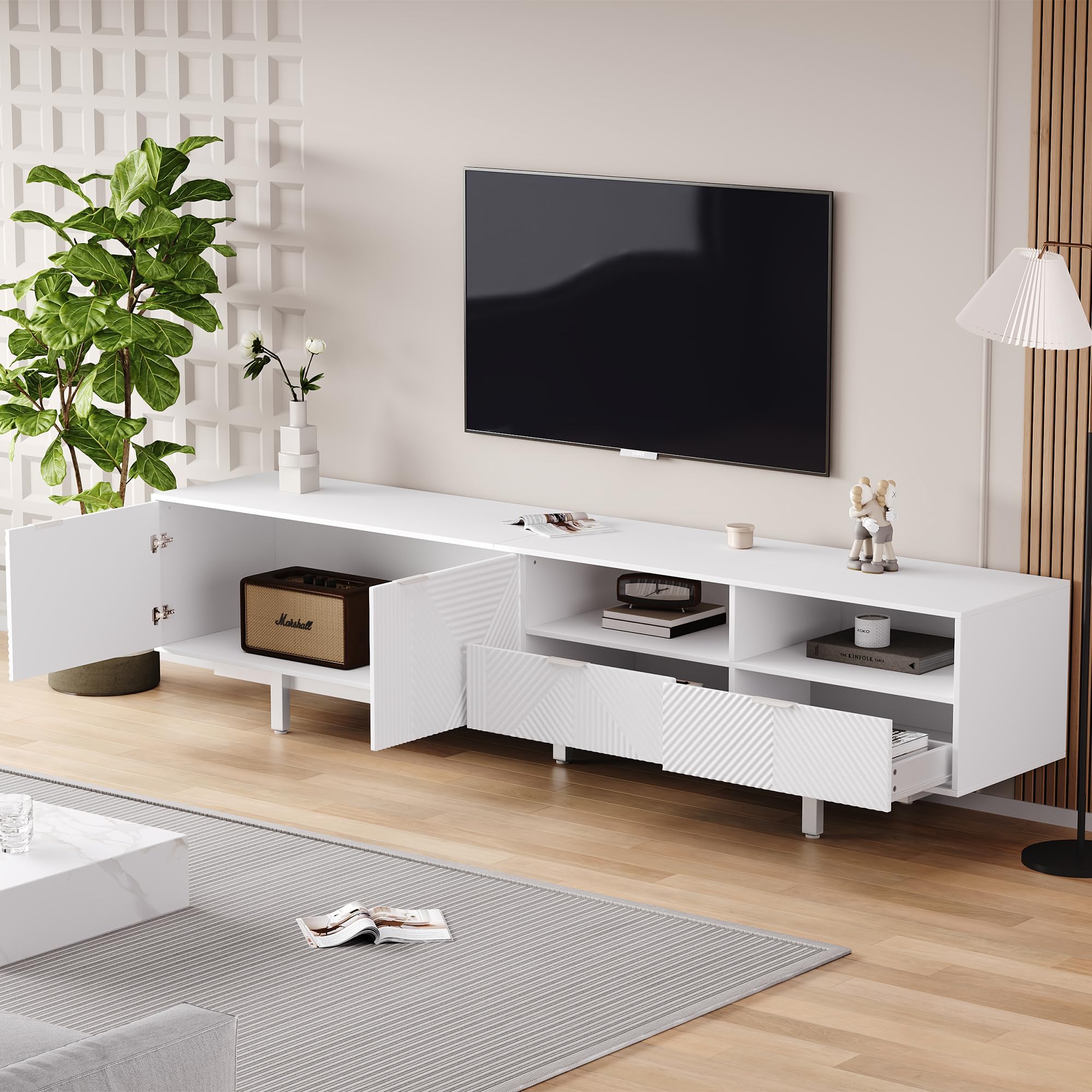 TV Lowboard 200 cm Weiß mit geometrischem Muster, TV Schrank für 90 Zoll Fernseher, modernes TV Board mit Stauraum & Türen, TV Unterschrank mit Kabelmanagement & Metallfüßen