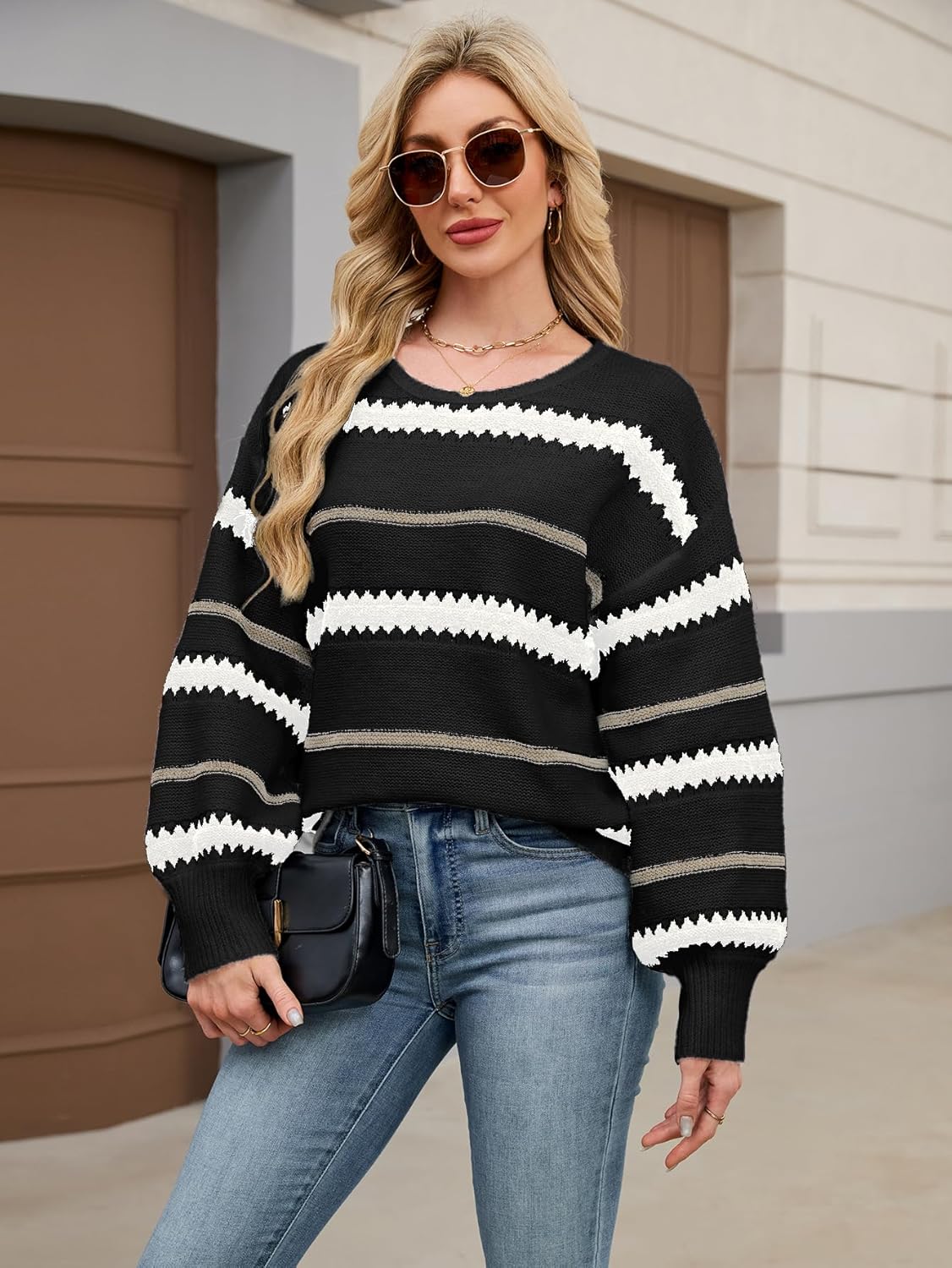 Womens Oversized Cute Striped Sweater Fall Winter Casual Chunky Knit Crewneck Color Block Long Sleeve Pullover Tops - Image 3