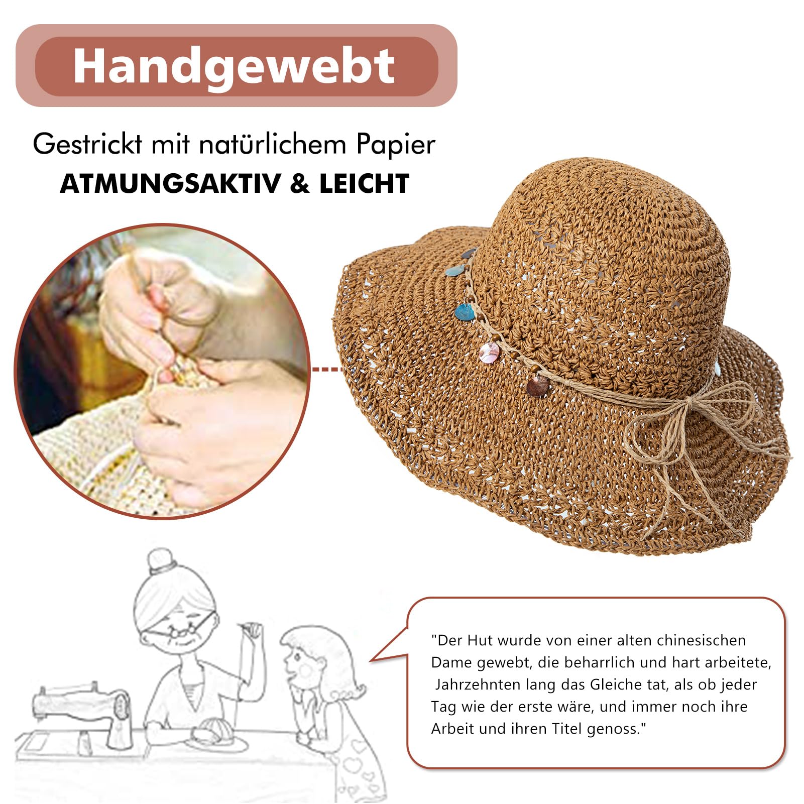 Comhats Kapelusz przeciwsłoneczny damski, letni kapelusz słomkowy, składany, ręcznie wykonany kapelusz plażowy, ochrona przed promieniowaniem UV, 94557_khaki, M