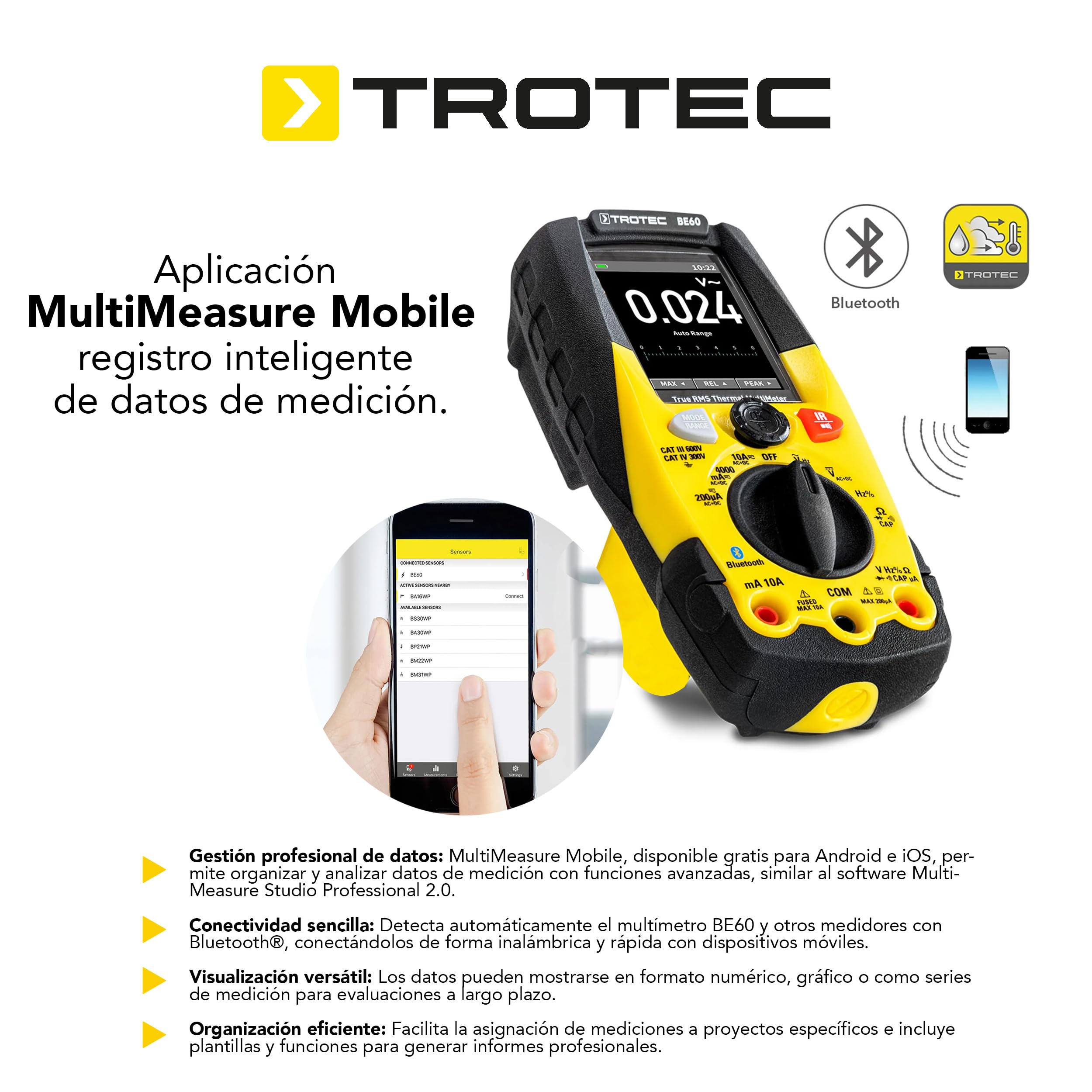 TROTEC Multímetro digital True RMS con cámara termográfica integrada BE60 | once funciones de medición aplicación para smartphone Bluetooth