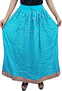 Mogul Interior Women's Blue Long Skirt Gypsy A-Line Bohemian Printed Drawstring Summer Skirts