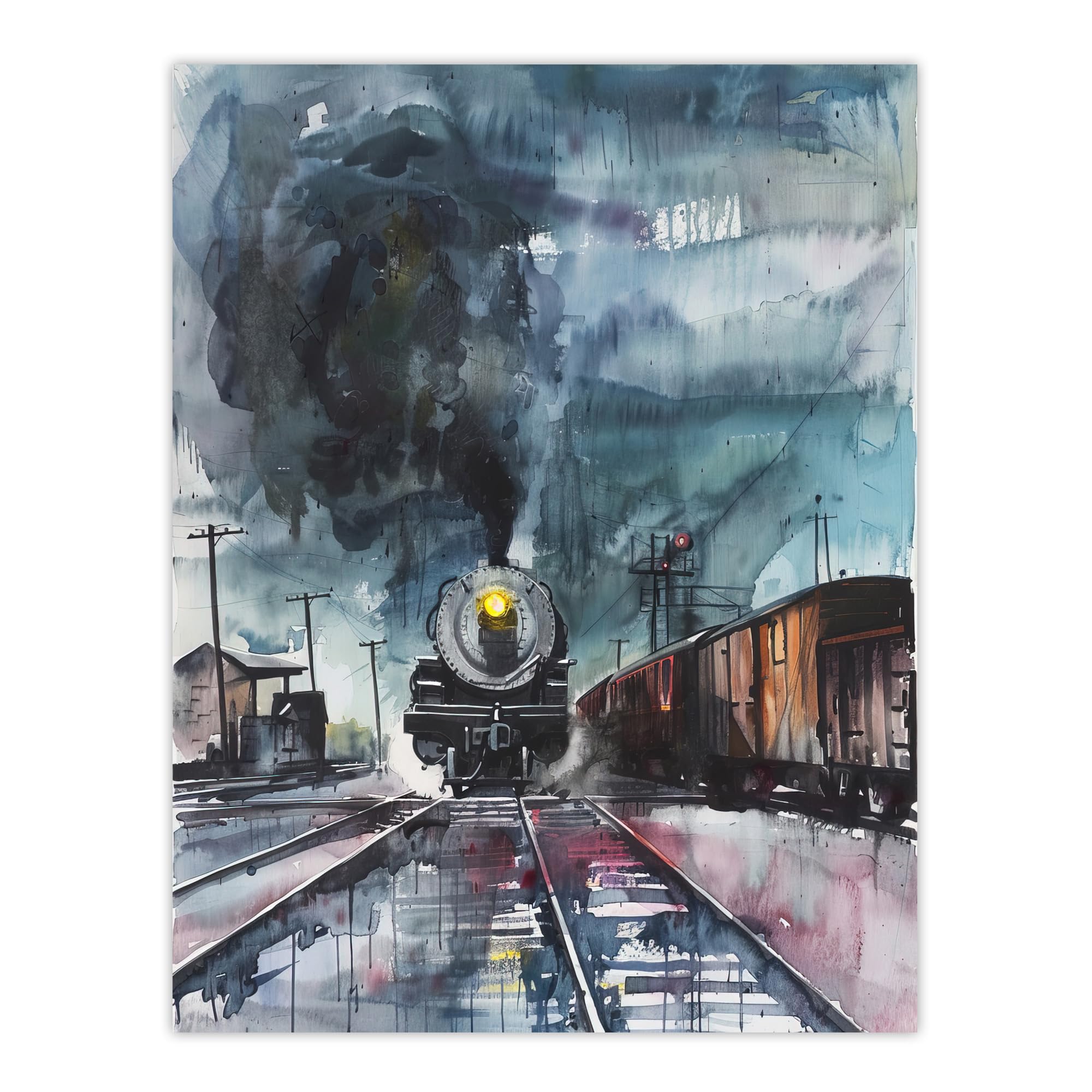 Artery8 Steam Train Arrival Yard Stormy Day Watercolour Living Room Large Wall Art Poster Print Thick Paper 18X24 Inch