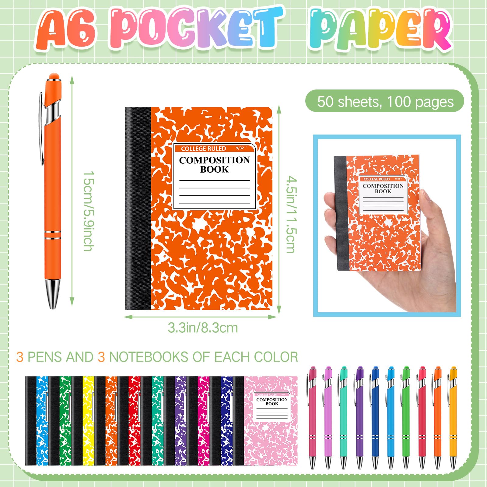 Fainne 60 mini quaderni a composizione e penne a sfera retrattili, 3. Blocco note piccolo da 7,6 x 11,4 cm e penne a sfera in metallo con punta stilo per studenti, scuola, università, ufficio