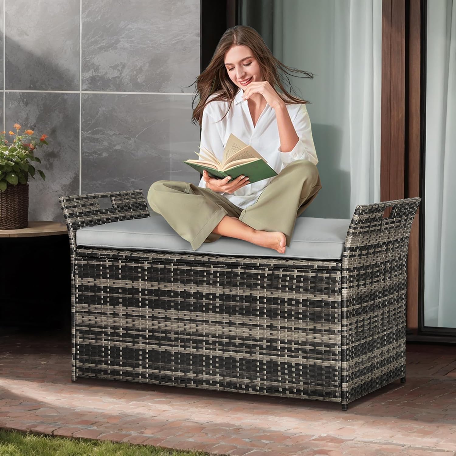 Crownland 80 Gallon Outdoor Storage Bench with Cushion, Outdoor Wicker Storage Box, Patio Deck Box with Seat, for Garden, Balcony, Poolside (Grey)