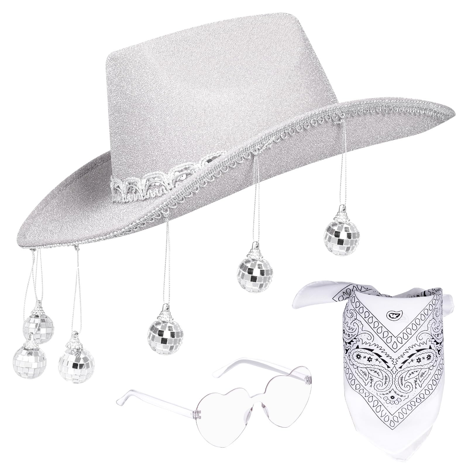 tiggell Cowboy Hat Costume Cowgirl Hat with Disco Ball Heart Shaped Sunglasses & Bandana for Western Cowboy Halloween Cosplay (US, Alpha, One Size, White)