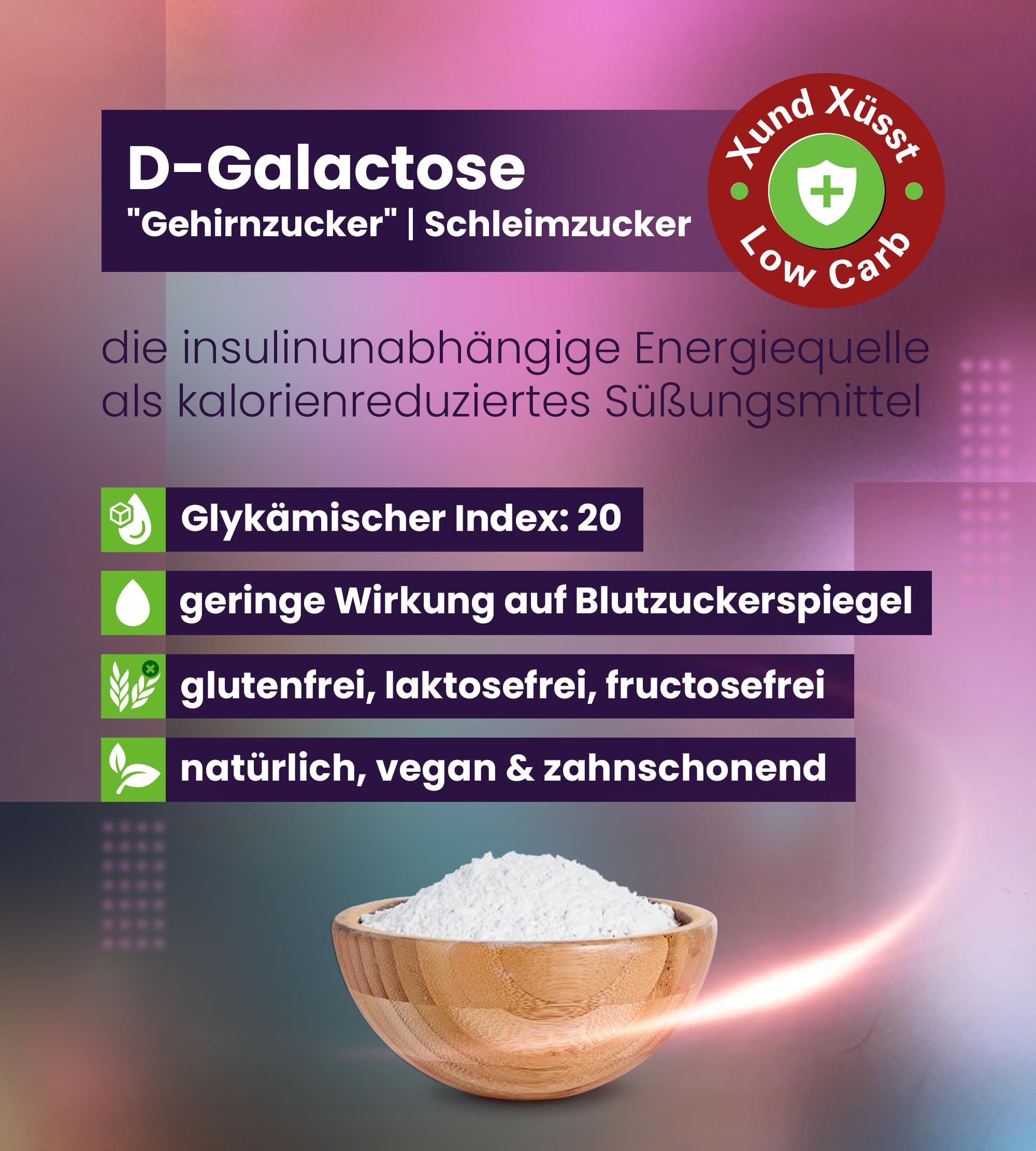 D(+) Galactose 1000 g Pulver - hochrein 99,8% - Schweizer Markenqualität - aus Akazie fermentiert & lactosefrei - Schleimzucker - sehr gut löslich
