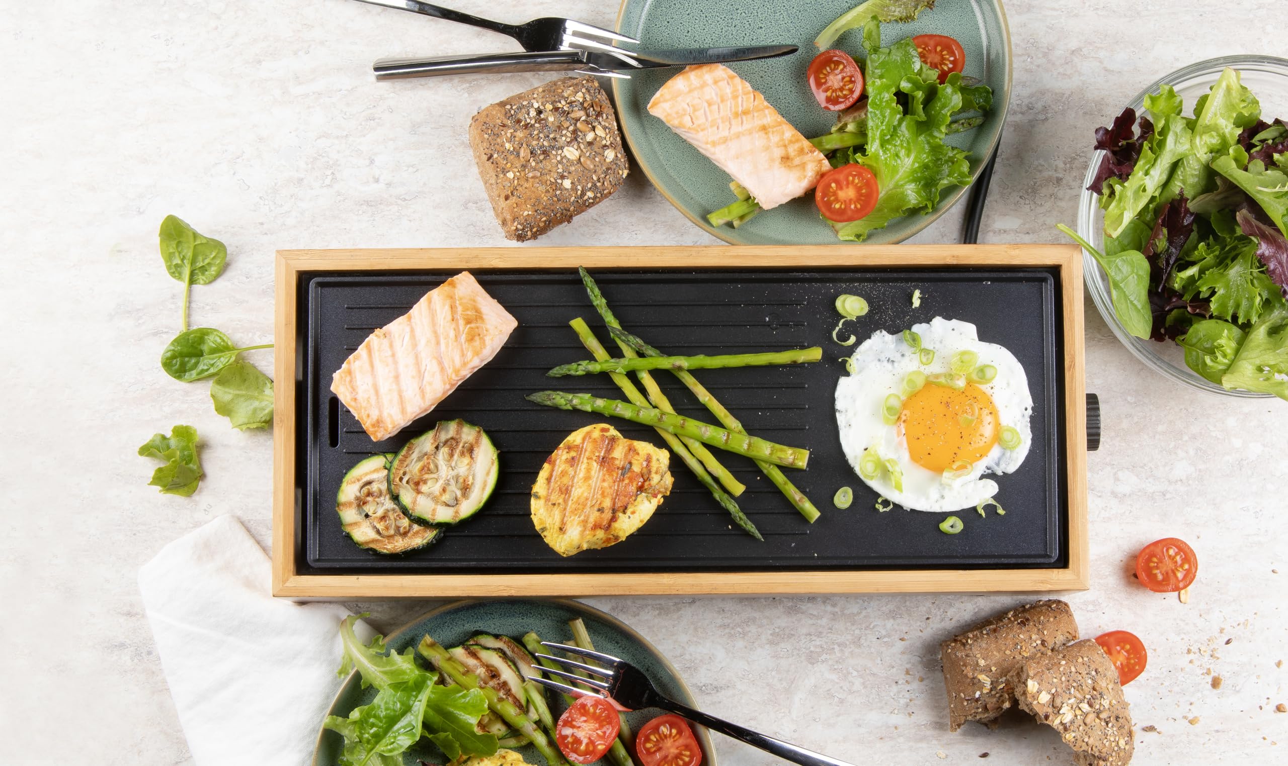 DOMO DO9270G Plancha Grill Bamboo Style 'Just Us' – wygląd drewna – powłoka bez PFAS – 1000 W
