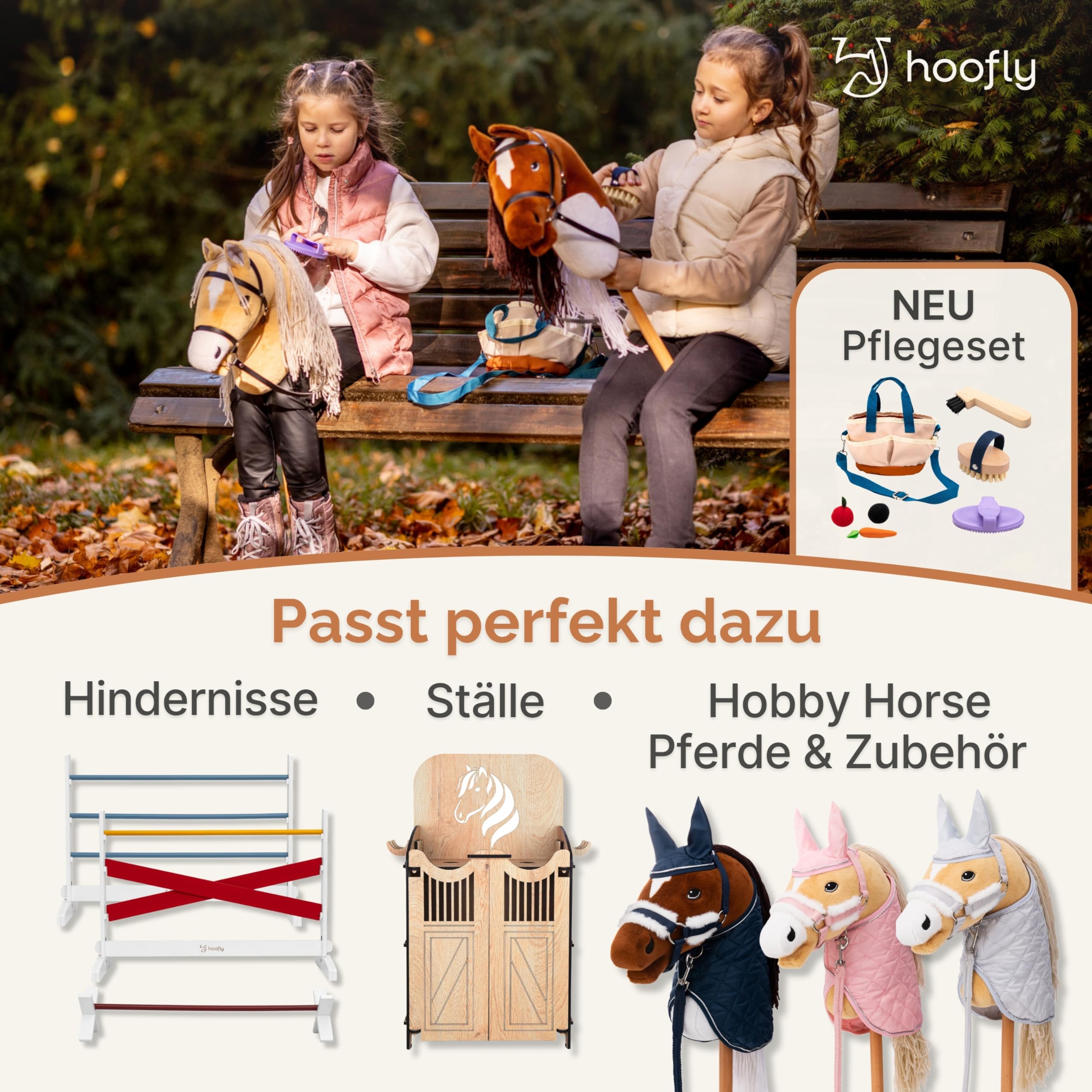 Hobby Horse Set – Großes Steckenpferd für Kinder mit Decke & Fliegenhaube | Komplettes Hobby Horsing Set mit Trense & 35 cm Schraubstab | Graues Pferd – Blaues Zubehör
