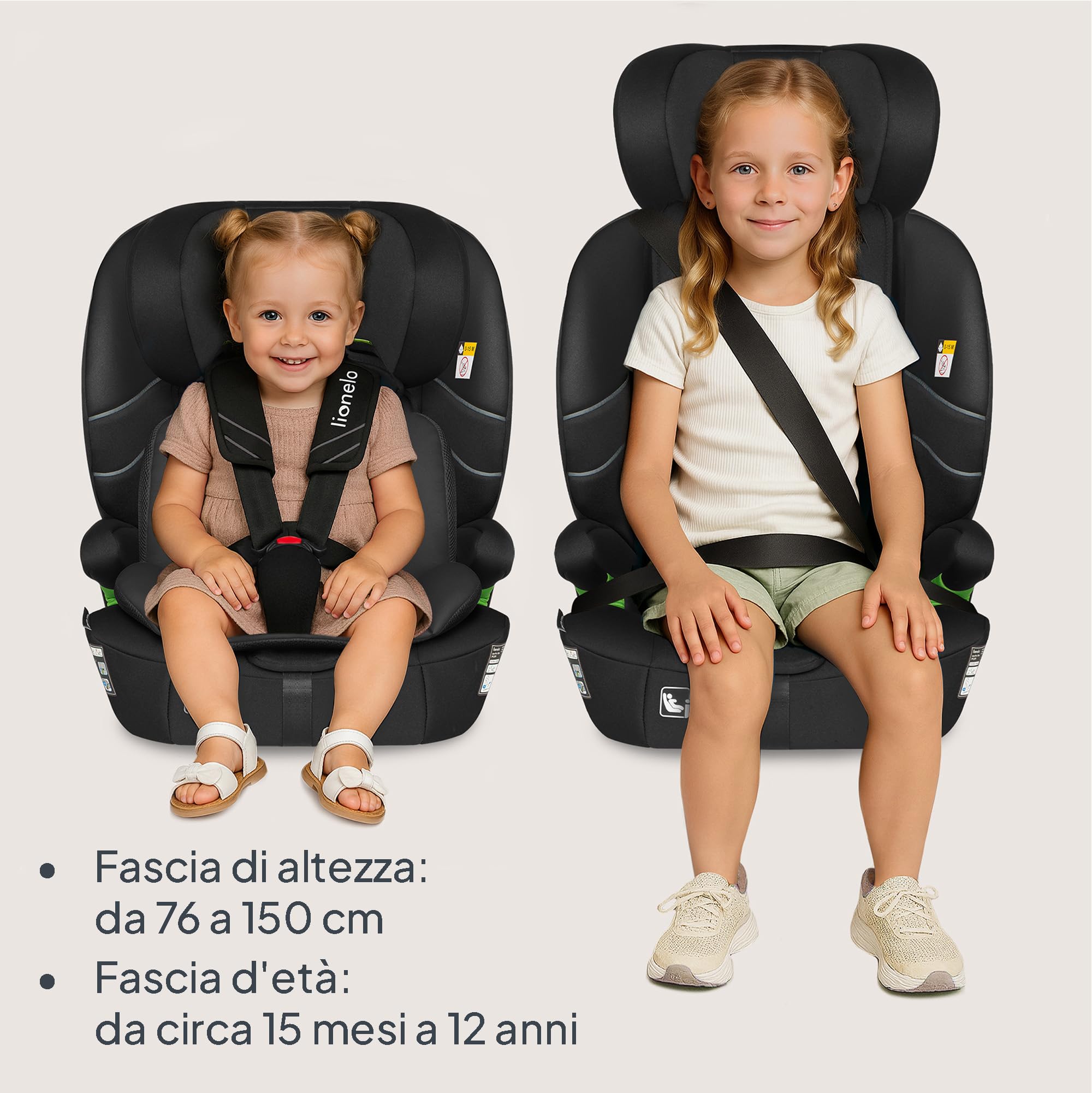 LIONELO Seggiolino auto LEVI FIX I-SIZE con ISOFIX per bambini 76-150 cm fino a 36kg Gruppo 1/2/3 Protezione laterale 10 Livelli di regolazione del poggiatesta, Top Tether, Ampio e comodo (Nero)