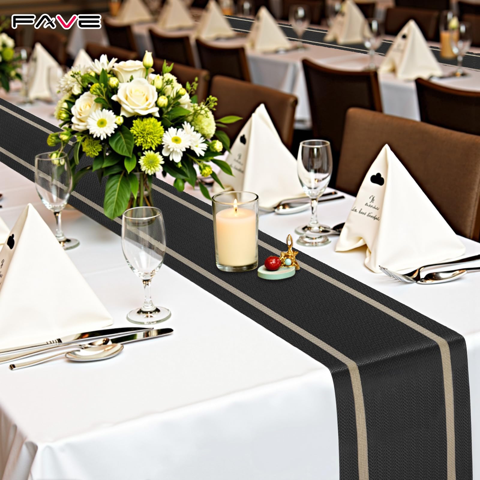 FAVE Tischläufer aus gewebtem Vinyl, mit goldenen Fäden, hitzebeständig, Esstischmatten für Hochzeit, Bankett, Geburtstag, Party, Restaurant, Schwarz, 30,5 x 304,8 cm, 12 Stück