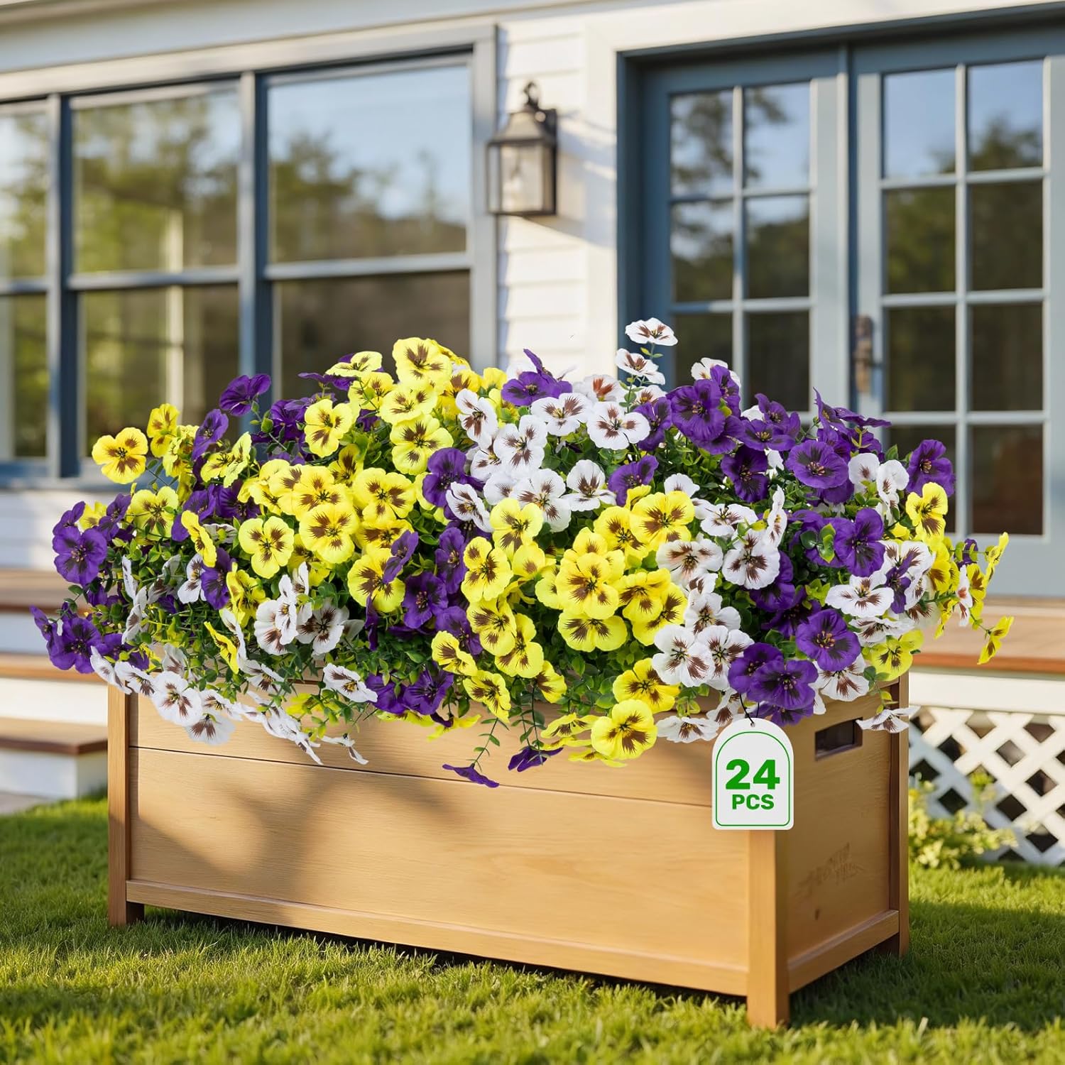 24 Pcs Artificial Fake Pansy Flowers for Outdoor,Faux Silk Plants Flowers UV Resistant Pansies Spring Flowers for Planter Front Door Porch Yard Patio Garden Window Box Home Decor(3 Color)