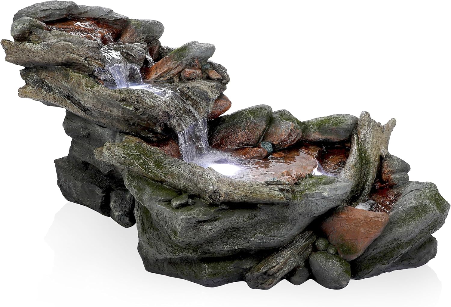 Alpine Corporation 60" Long Outdoor 3-Tier Rainforest Rock River Water Hand-Painted Fountain with LED Lights