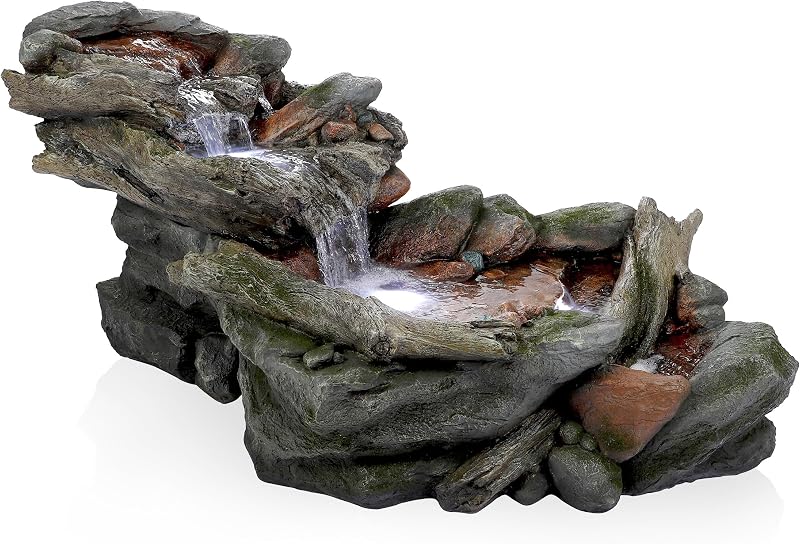 Fuente de agua pintada a mano para exteriores, 60 pulgadas de largo, 3 niveles, Rainforest Rock River, con luces LED — Decoración de jardín, patio y patio