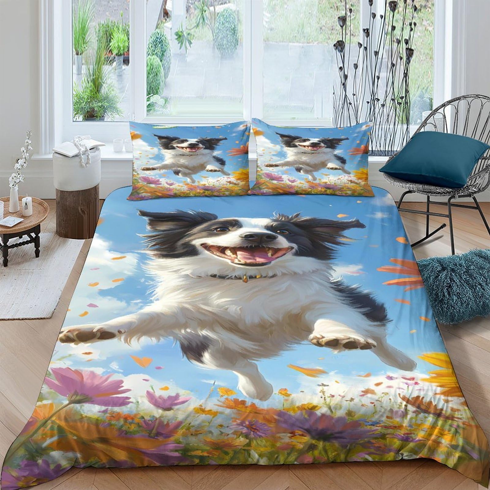 Ctjqhvkz Style-8 3D Printed Playful Dog Fitted Sheet Microfiber Soft Breathable Floral Meadow Bed Cover For Bedroom Guest Room Decor Single（135X200cm）