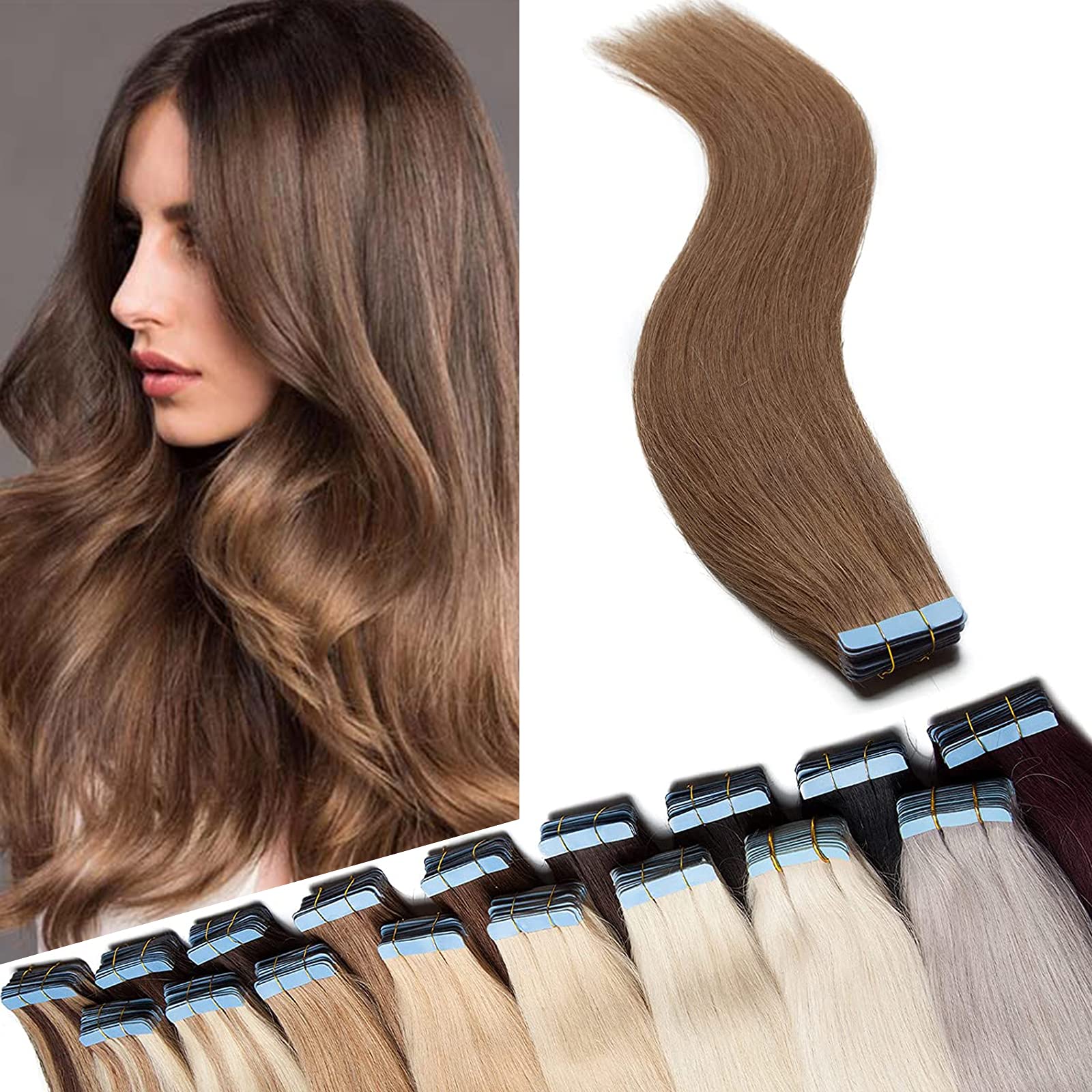 12"(30cm) SEGO 10PCS Extensiones Adhesivas Naturales Pelo Humano sin Clip [#4/27 Castaño Chocolate/Rubio Oscuro] Cabello 100% Remy Liso Balayage Tape in Human Hair (20g) — view 18