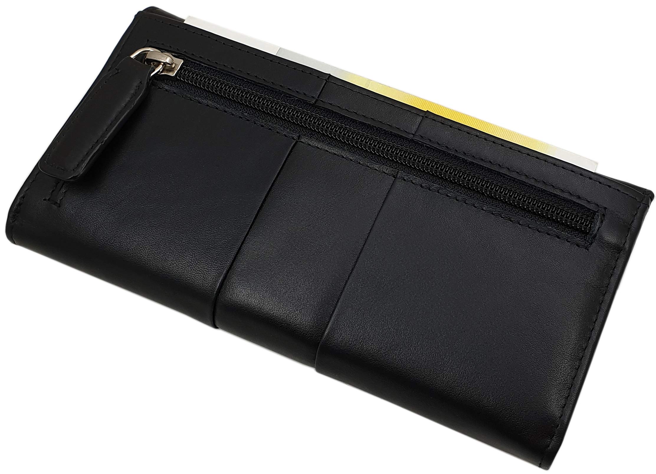 Cuero de vaca napa cartera grande para mujer con bloqueo RFID y NFC (Negro)