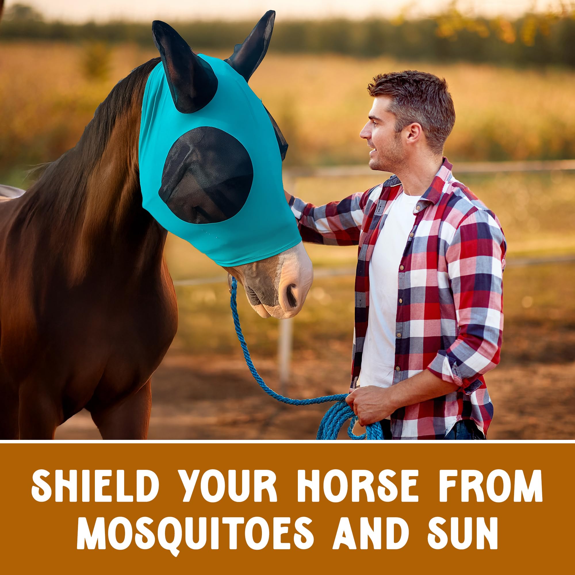 Prairie Horse Supply Máscara de Lycra para Moscas de Caballo con Orejas, Ajuste Cómodo, Malla para Senderos, Pasto, Protección Solar UV (Caballo, Azul Marino)