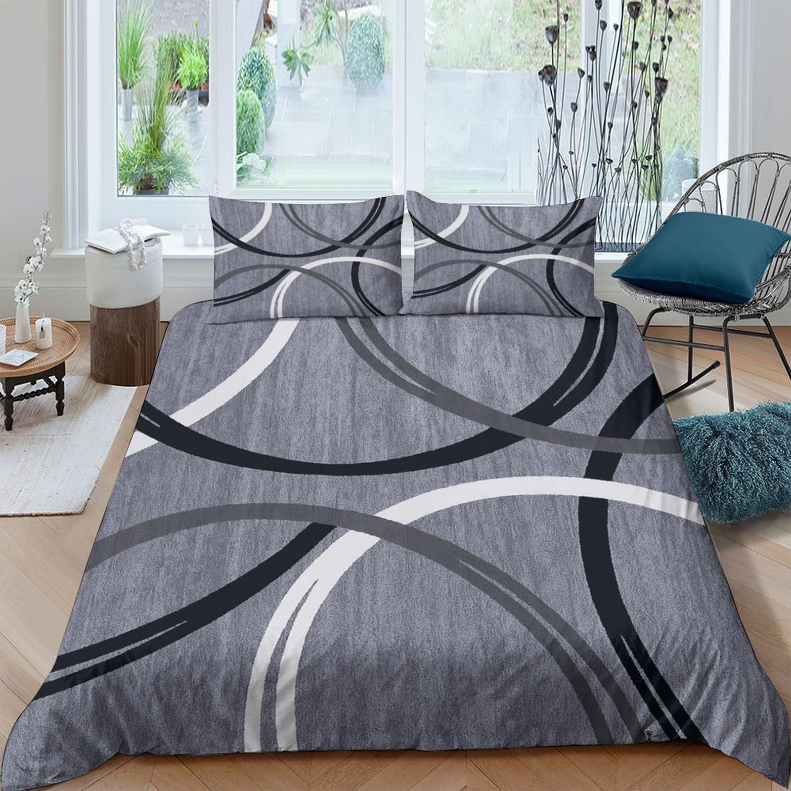 Ctjqhvkz Style-4 3D Printed Grey Geometric Fitted Sheet Microfiber Modern Black White Circle Mattress Cover For Bedroom Guest Room Decor Single（135X200cm）