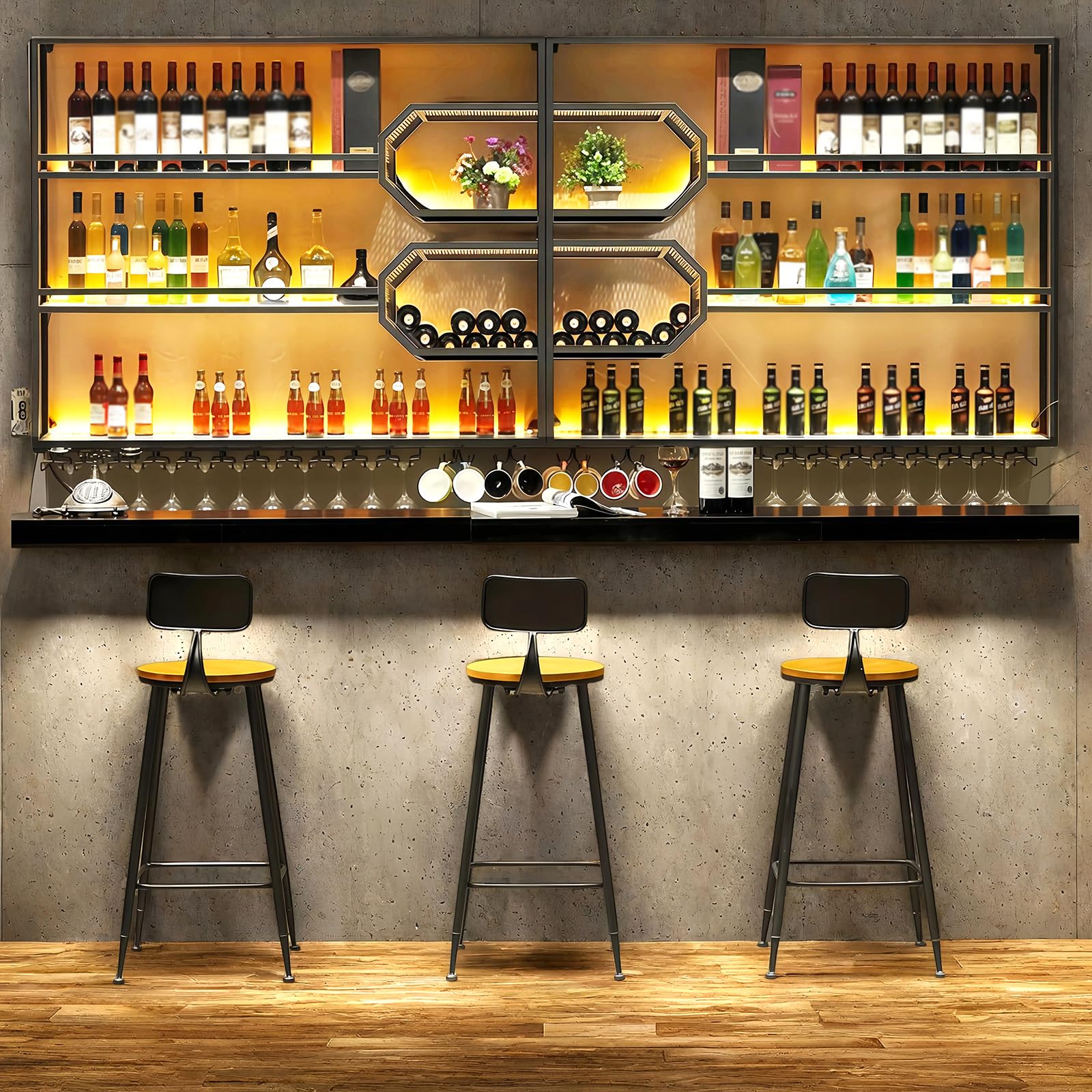 301cm Portabottiglie Da Parete con portabicchieri a LED, 4 ripiani Espositore Creativo Per Vino Da Parete, Metallo Porta Vino Portabottiglie da parete per bar, ristoranti e casa (301*125*25cm)