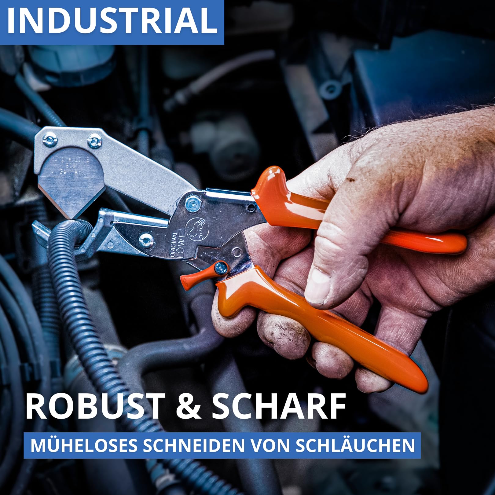 Original LÖWE 5.504 Profi Schlauchschere mit Dreiecksklinge f. Anwendungen in Industrie und Handwerk - scharfe und handliche Schere für exakten Schnitt an Rohren Schläuchen Kraftstoffleitungen, Metall
