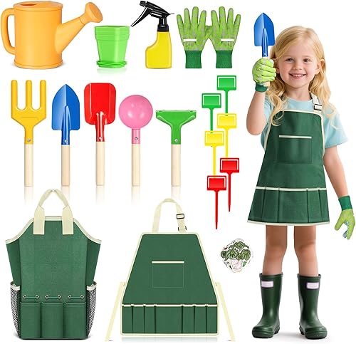 Juego de herramientas de jardinería para niños, 20 juguetes de jardinería, incluye rastrillo de metal, tenedor, paleta, delantal, guantes, regadera,
