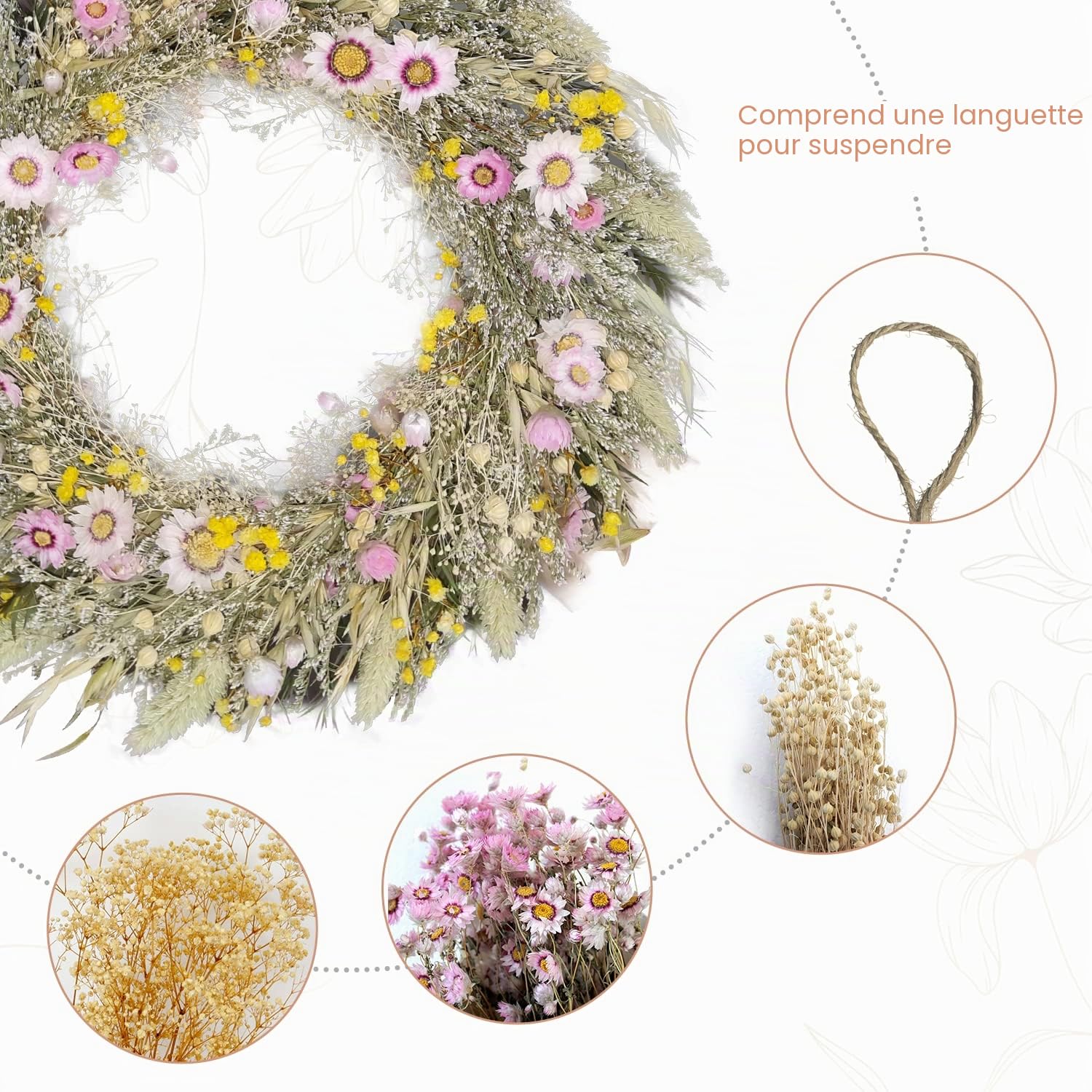 Couronne de fleurs séchées véritables,Couronne de fleurs séchées de qualité supérieure pour porte, mur, salon, couloir, chambre à coucher,Décoration de mariage,Sans plastique, faite à la main
