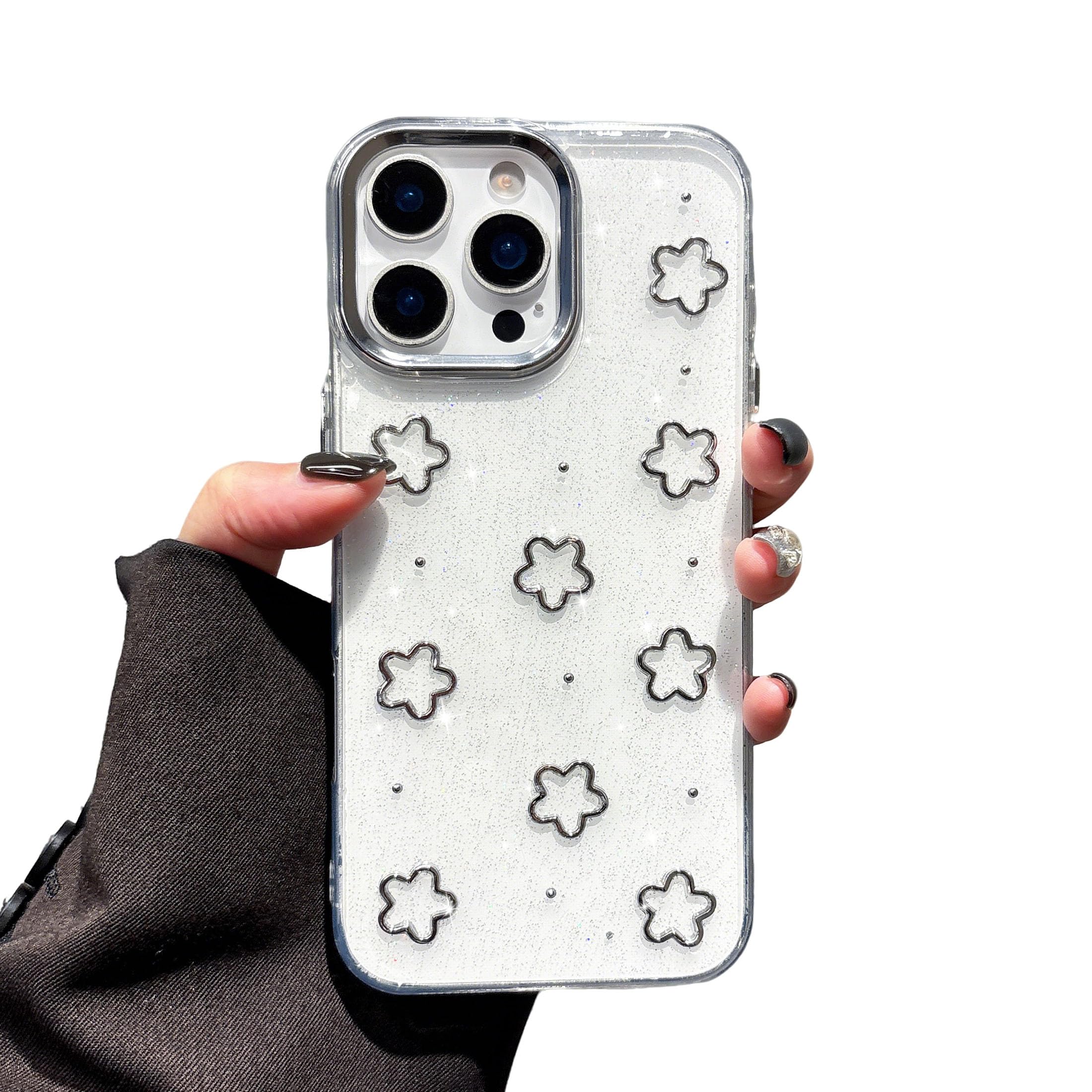 Étui iPhone 13 Pro design floral argenté scintillant haute finition transparente