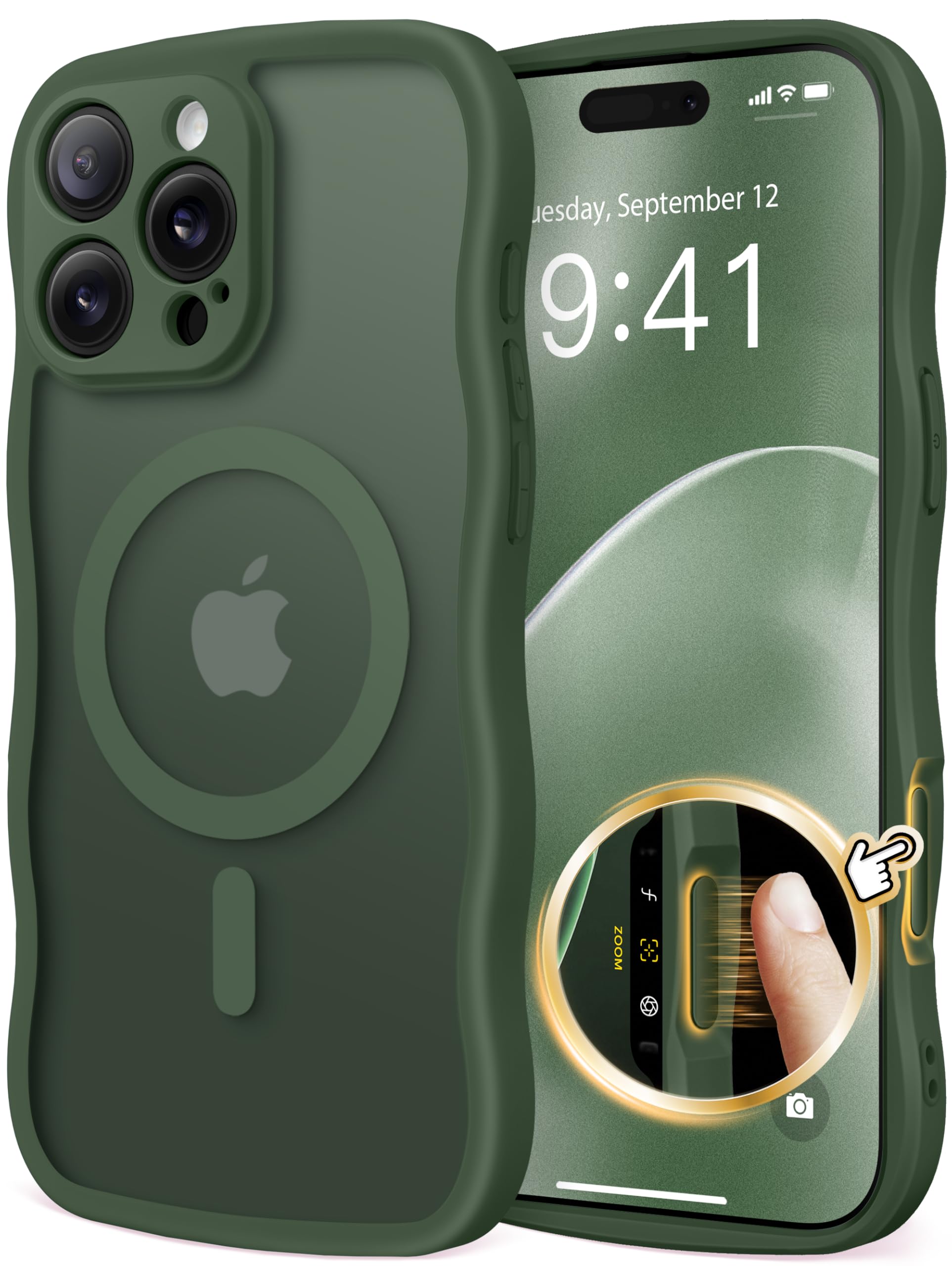 CAPRARO for iPhone 16 Pro Max Case for Women Girls, Upgraded [Full Camera Protection] [Compatible with MagSafe] Cute Wave Translucent Matte Phone Case for iPhone 16 Pro Max, Deep Green