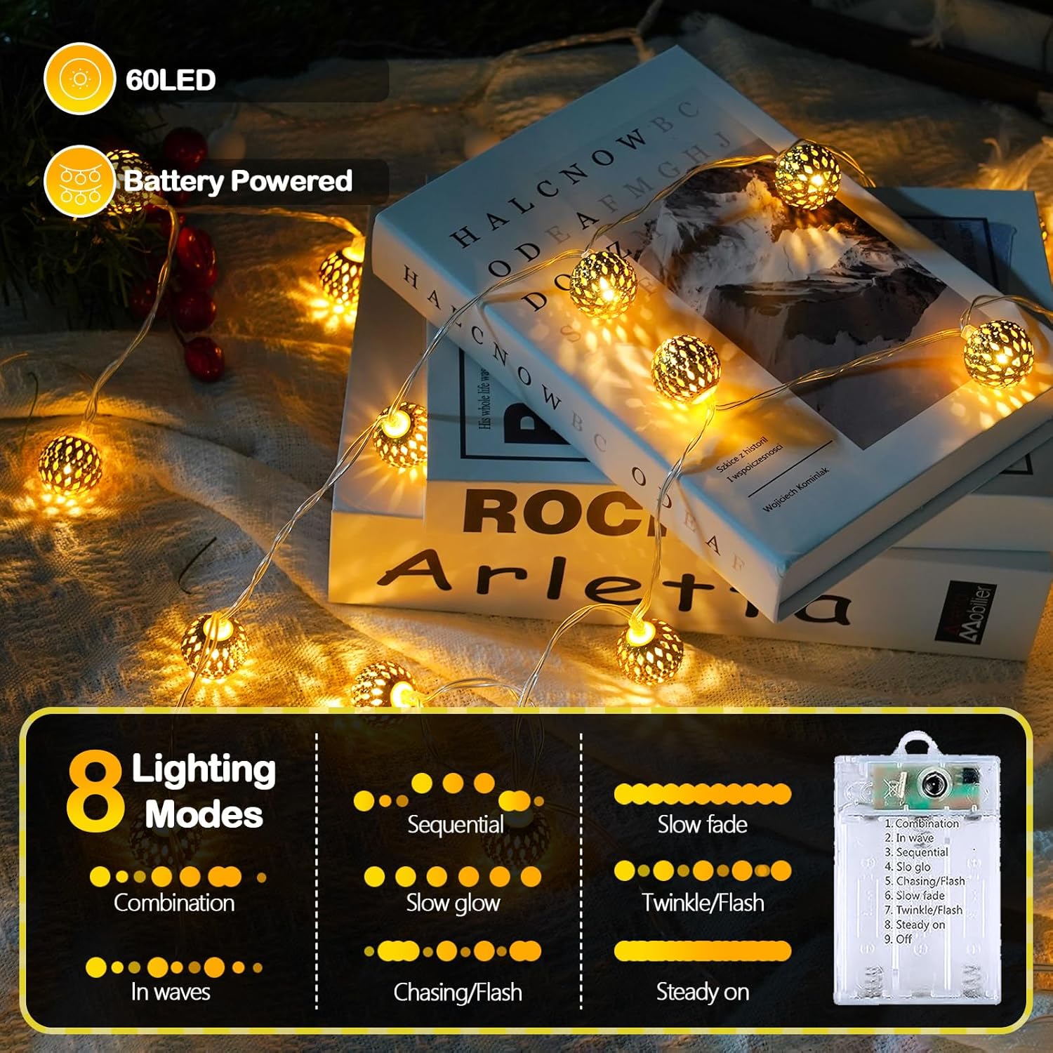 Moroccan String Lights Outdoor Battery Operated, 60 LED 36 FT Globe Fairy Lights with 8 Lighting Modes, String Lights with Timer for Bedroom Party Wedding Garden Classroom Indoor Decor(Warm White)