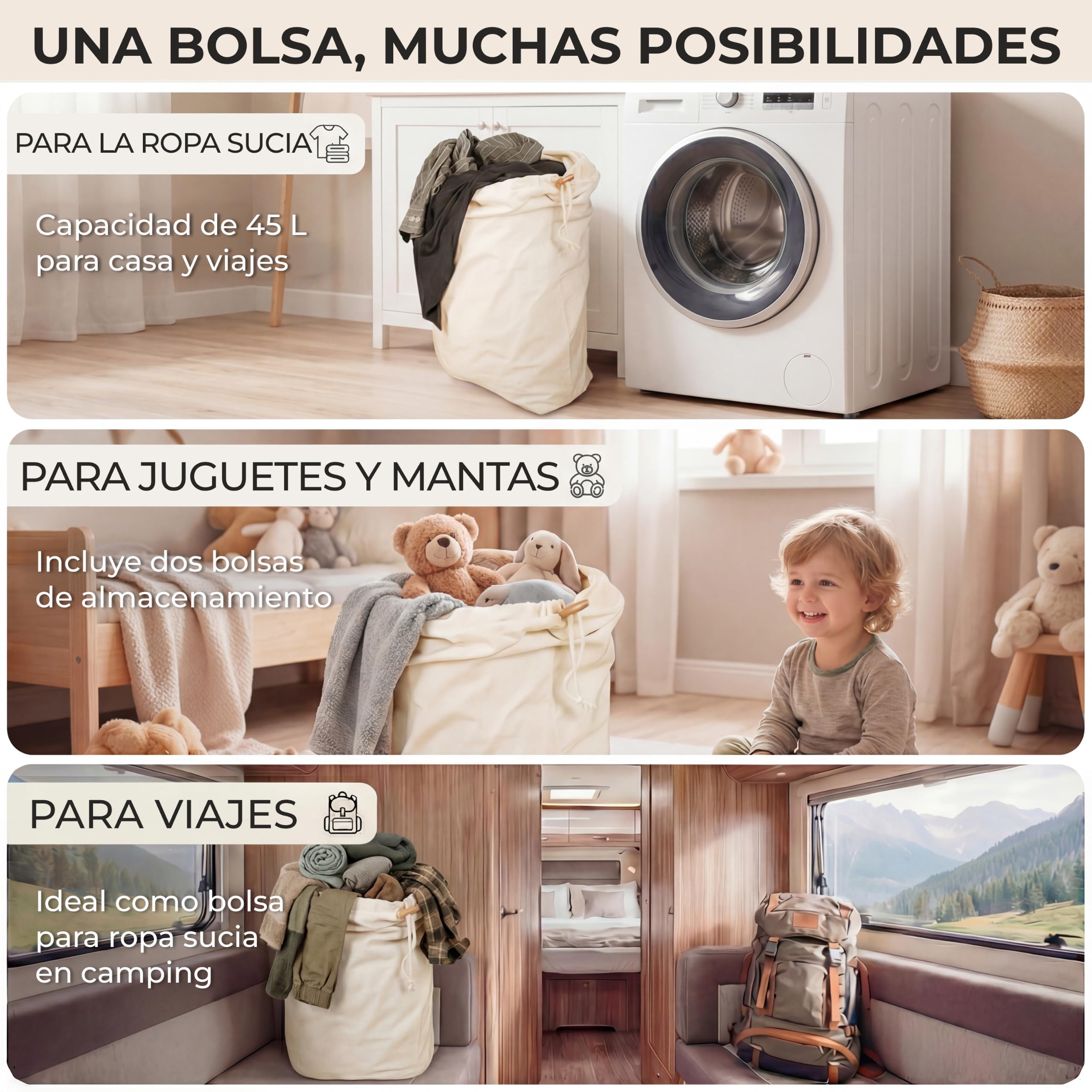 Bolsa Ropa Sucia, 2 Unidades 50 x 70 cm – Saco Ropa Sucia Resistente 45l, 100% Algodón [Certificado Öko-Tex], Bolsa Lavandería, Saco Tela Grande, Laundry Bag, Saco Tela Viaje