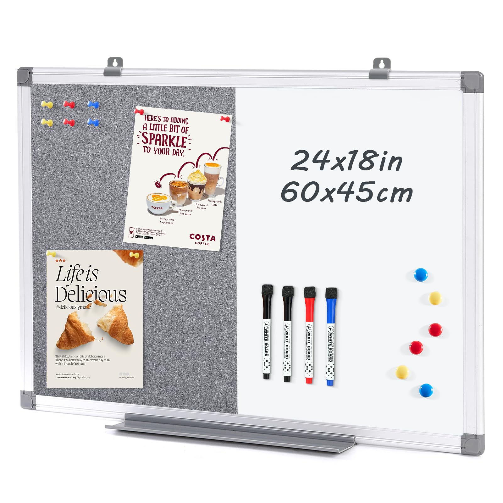 MAKELLO Notice Board Combination Felt & Magnetic Boards for Office Kitchen Bedroom, Aluminum Frame, 60X45CM