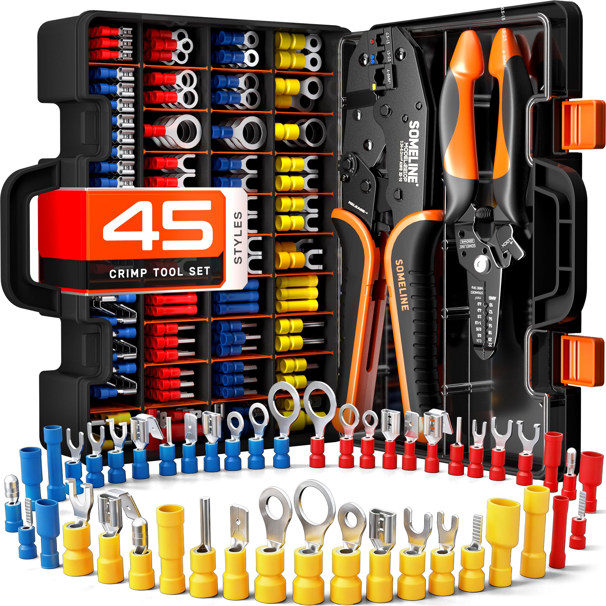 SOMELINE Wire Terminals Crimping Tool, with 45 Sizes Insulated Ratcheting Terminals Crimper Kit of AWG 22-10 Insulated Electrical Butt Bullet Spade Fork Ring Spade Splice Crimp Terminals-image-29